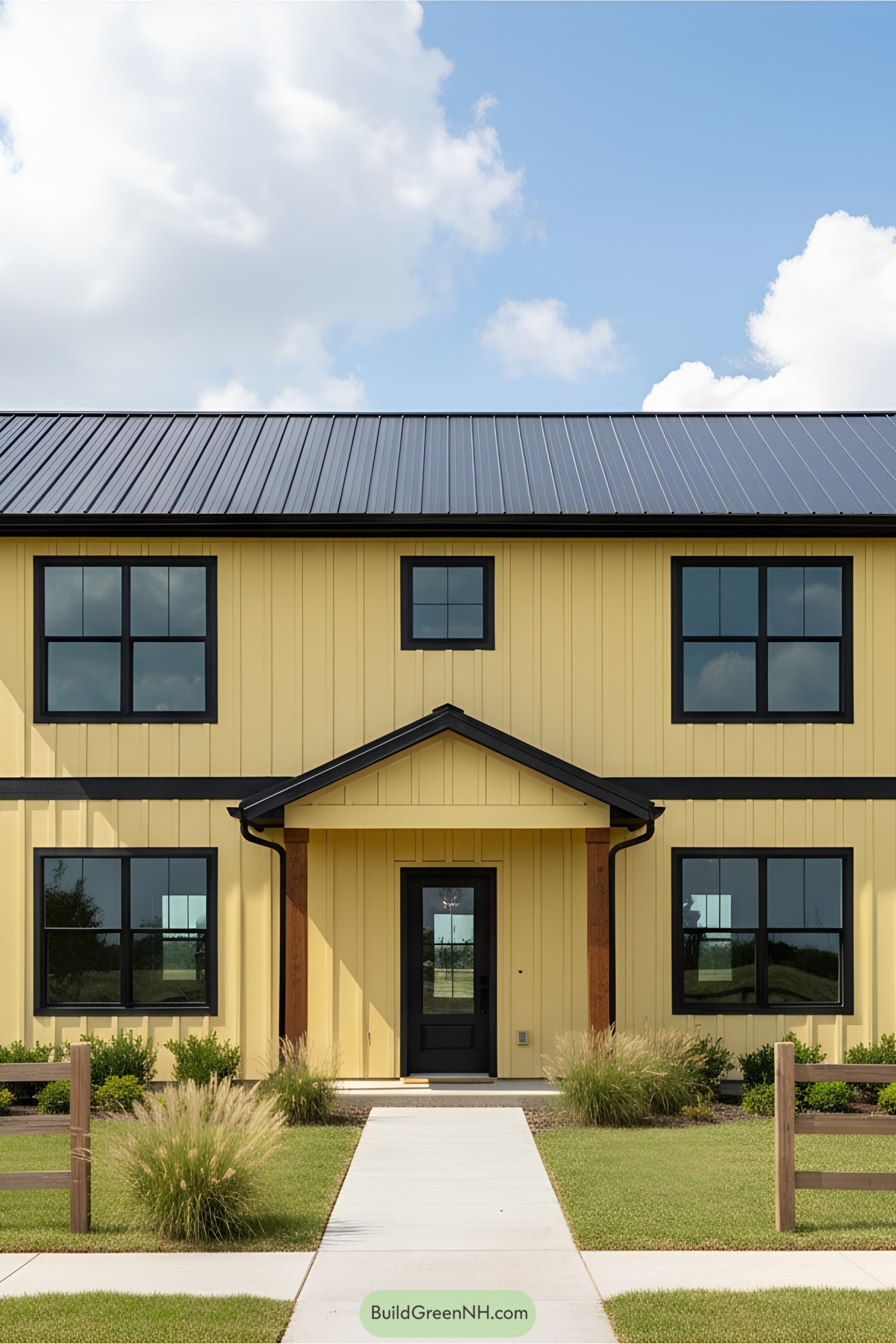 Bright yellow barndominium with dark accents and lush lawn