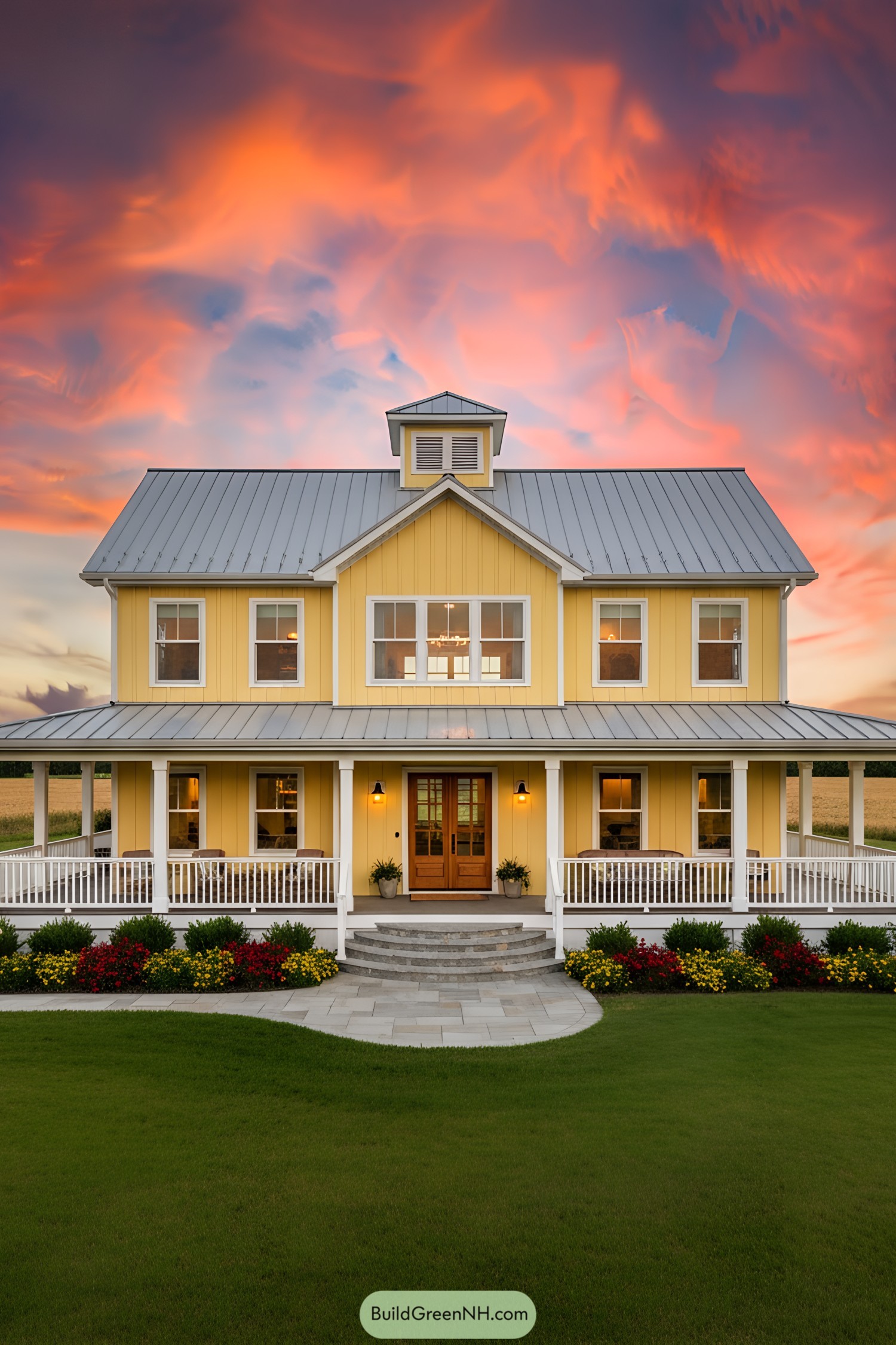 Bright yellow barndominium with a wraparound porch
