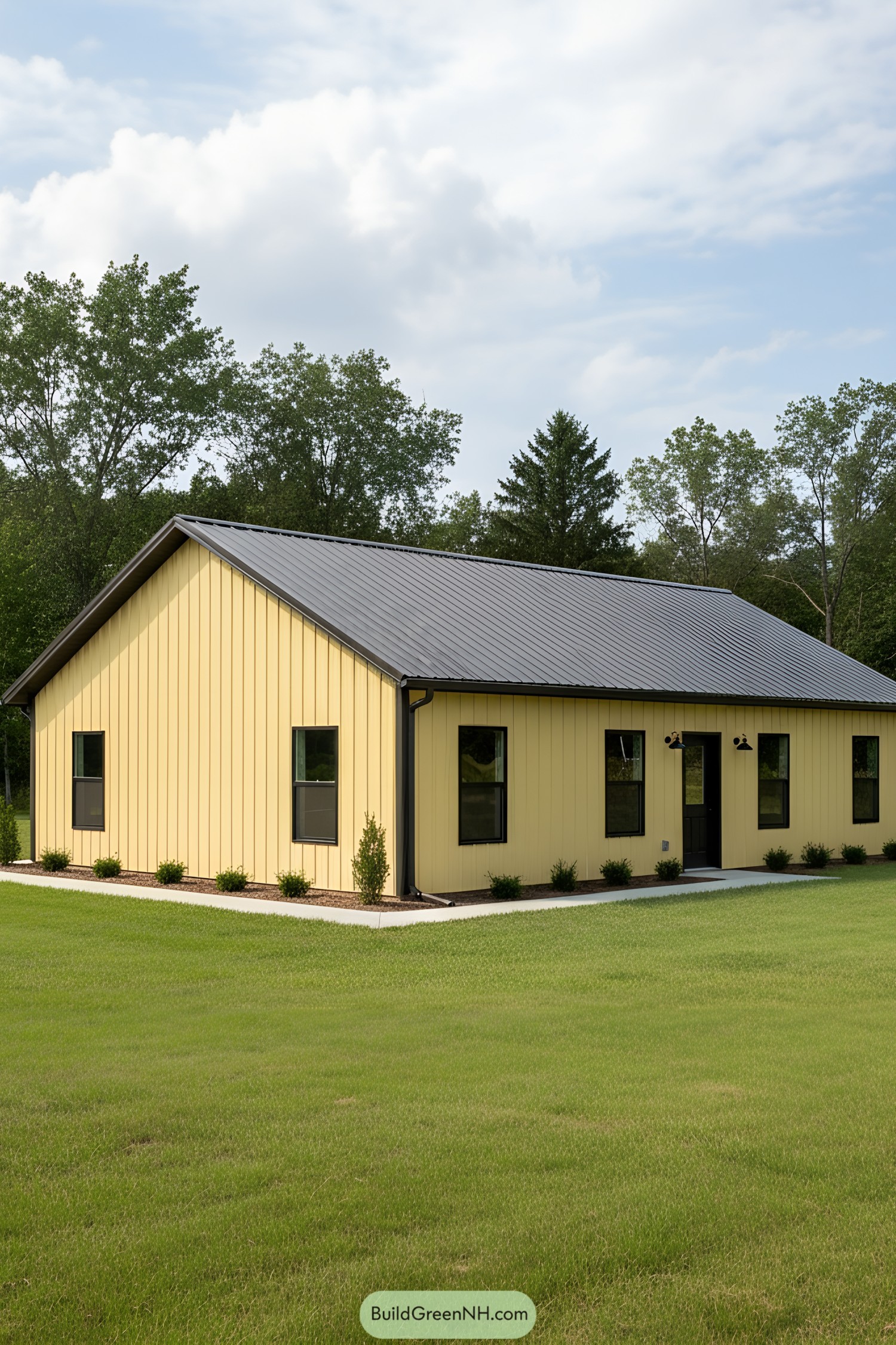 Yellow barndominium with a gray roof and green lawn