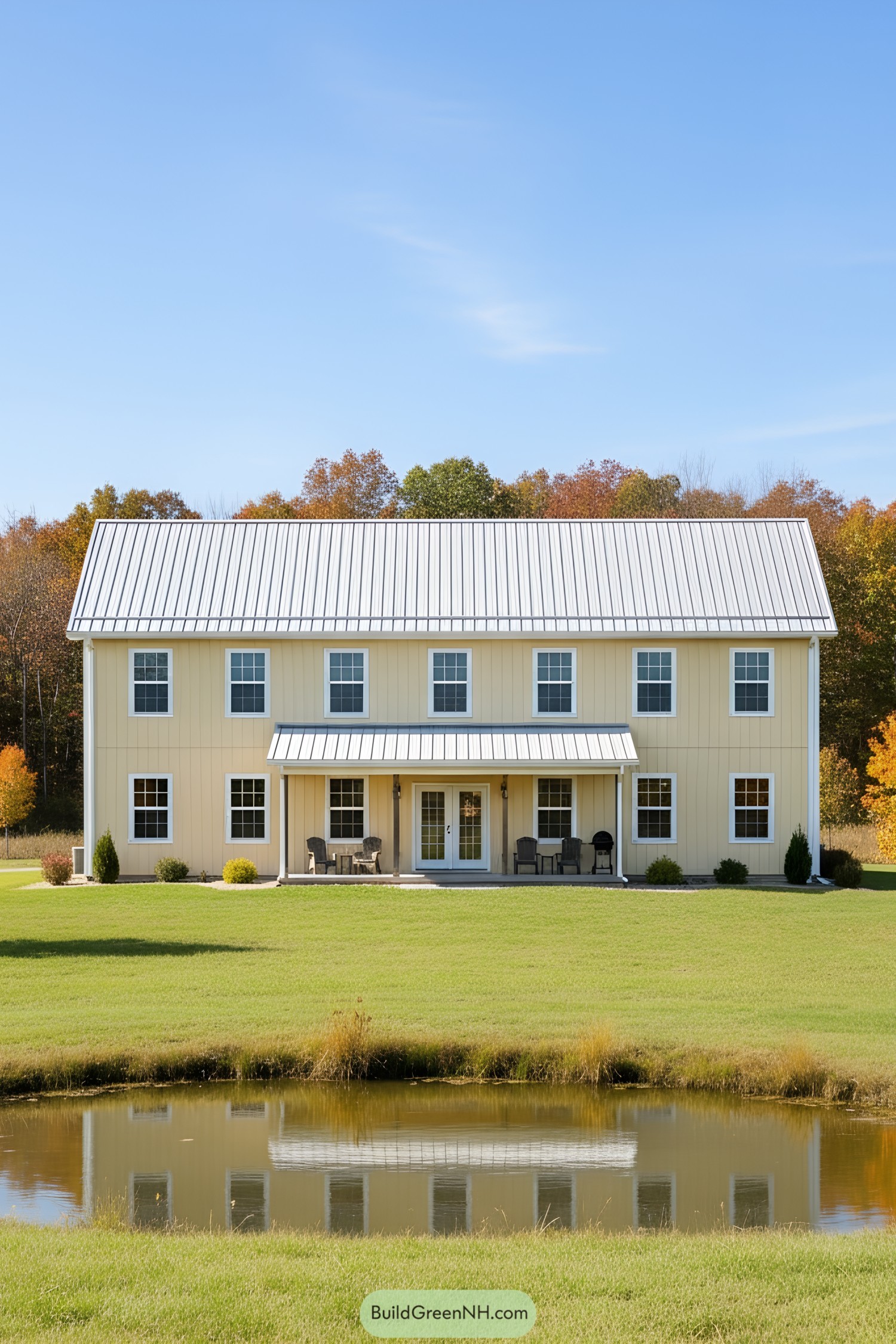 Yellow barndominium with a pond and blue sky