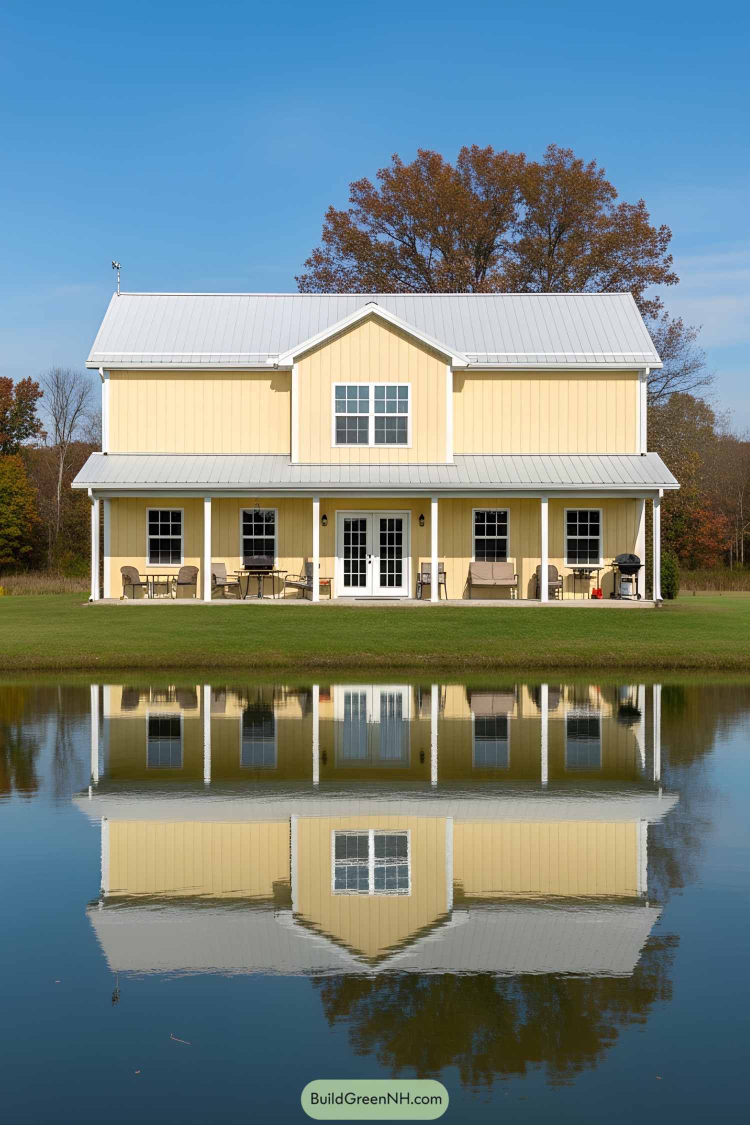 Yellow barndominium reflecting on a pond
