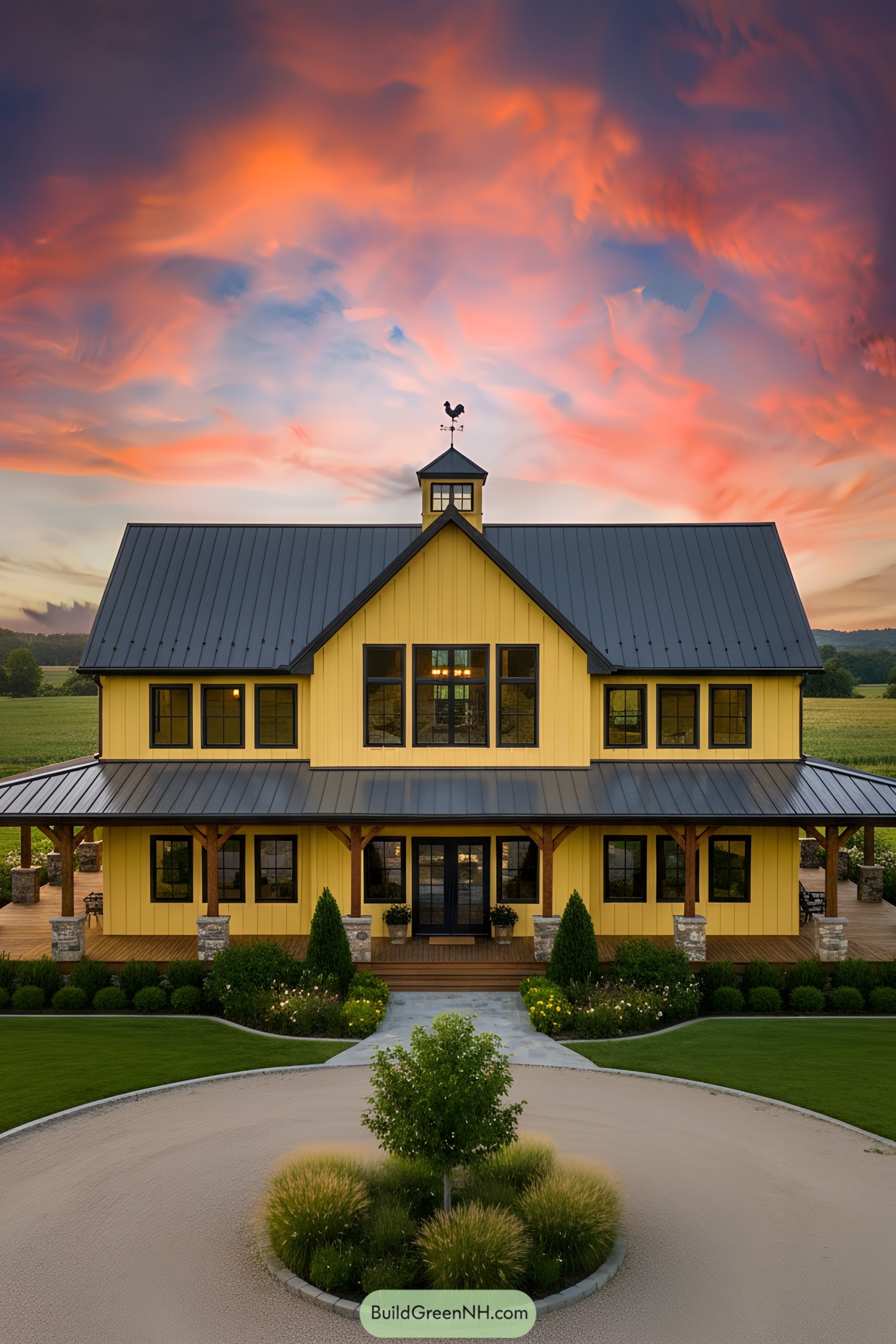 Vibrant yellow house at sunset