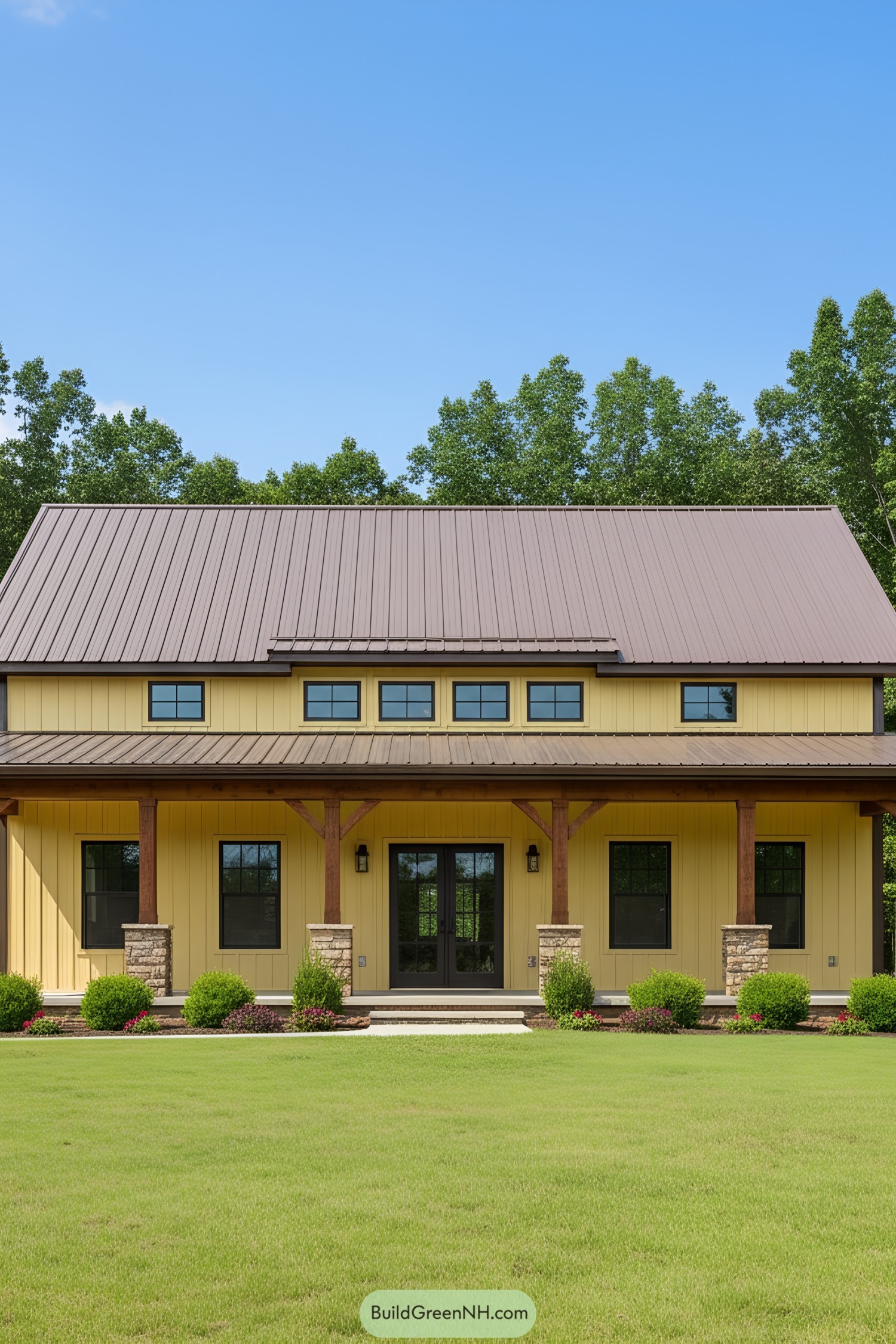 Yellow barndominium with a metal roof and columns