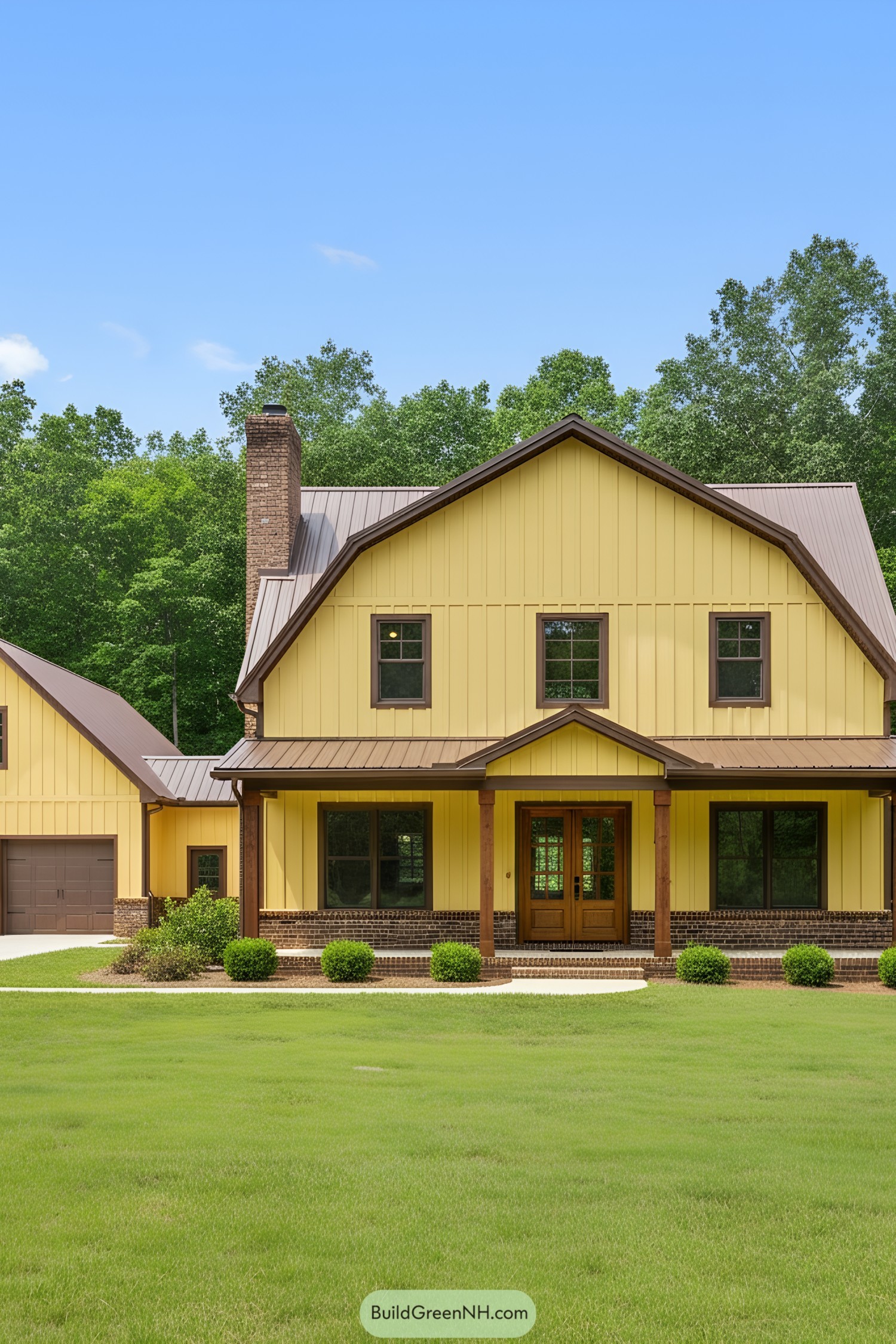 Yellow barndominium with brown accents and lush green lawn