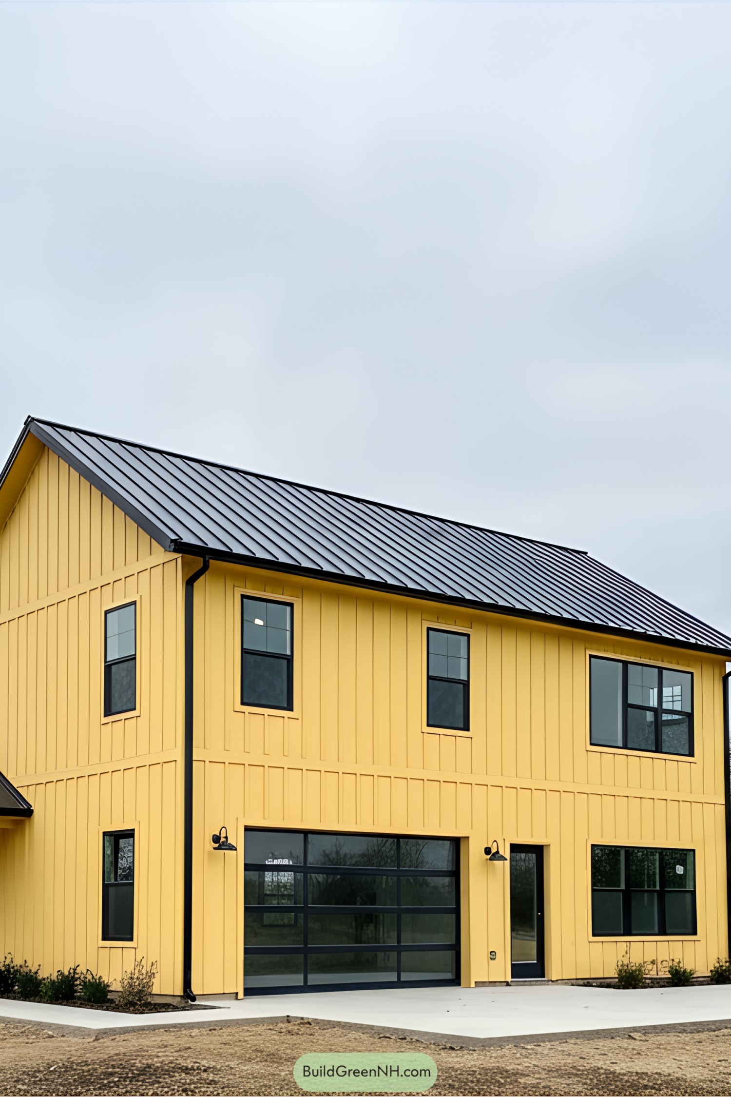 Yellow barndominium with black roof and large windows