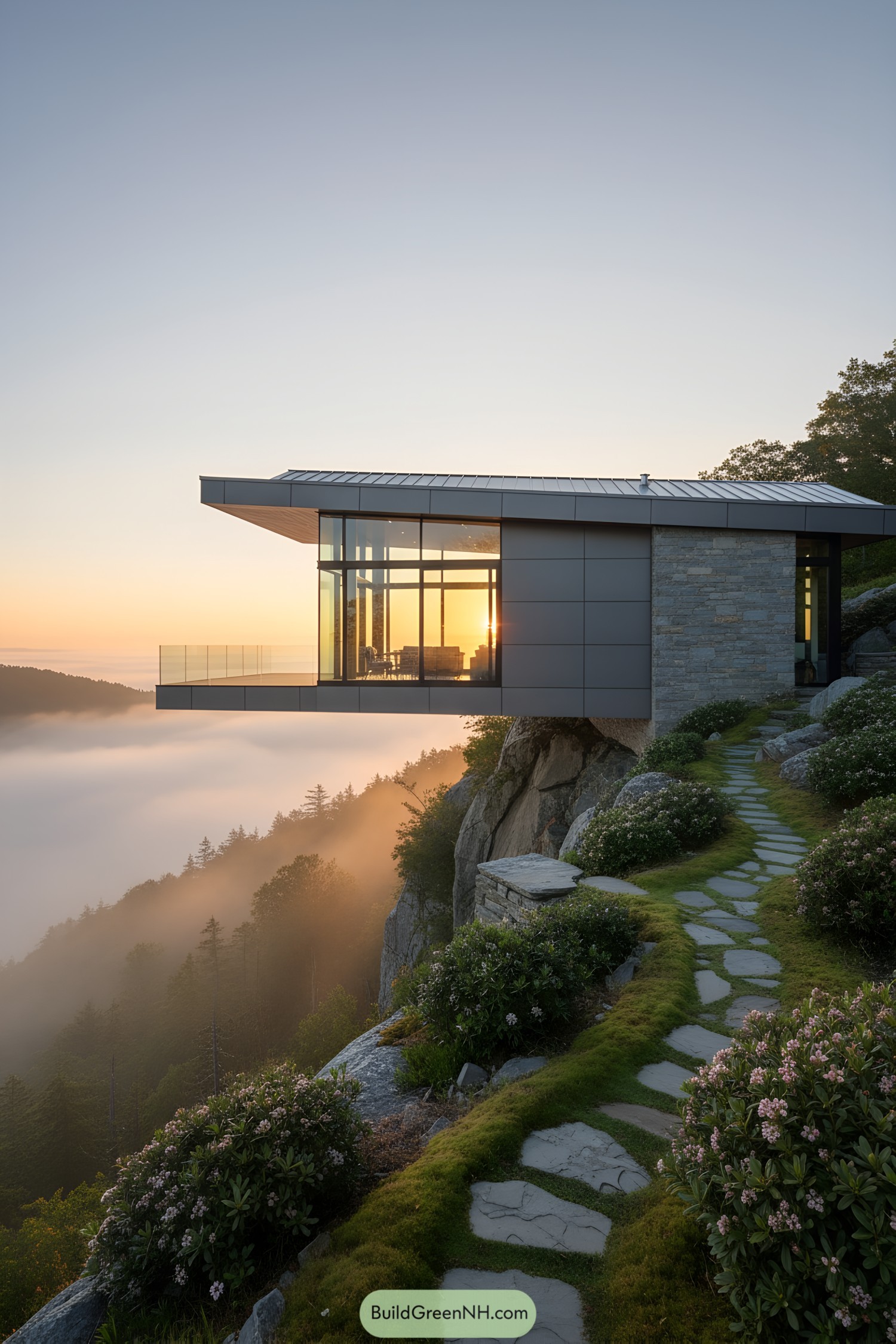 Modern house perched on a cliff with sunrise view