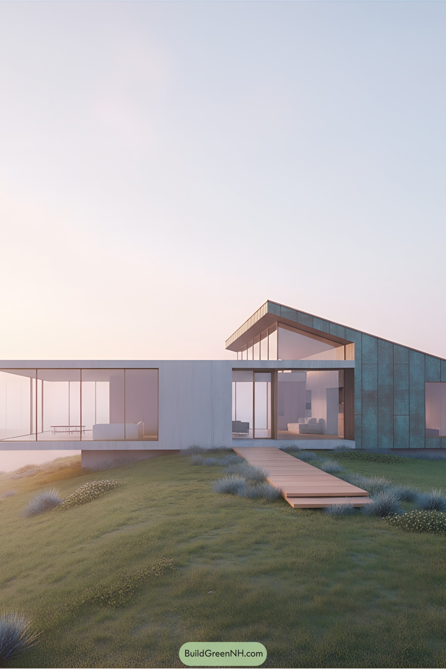 Modern house on a misty hill with sunrise colors