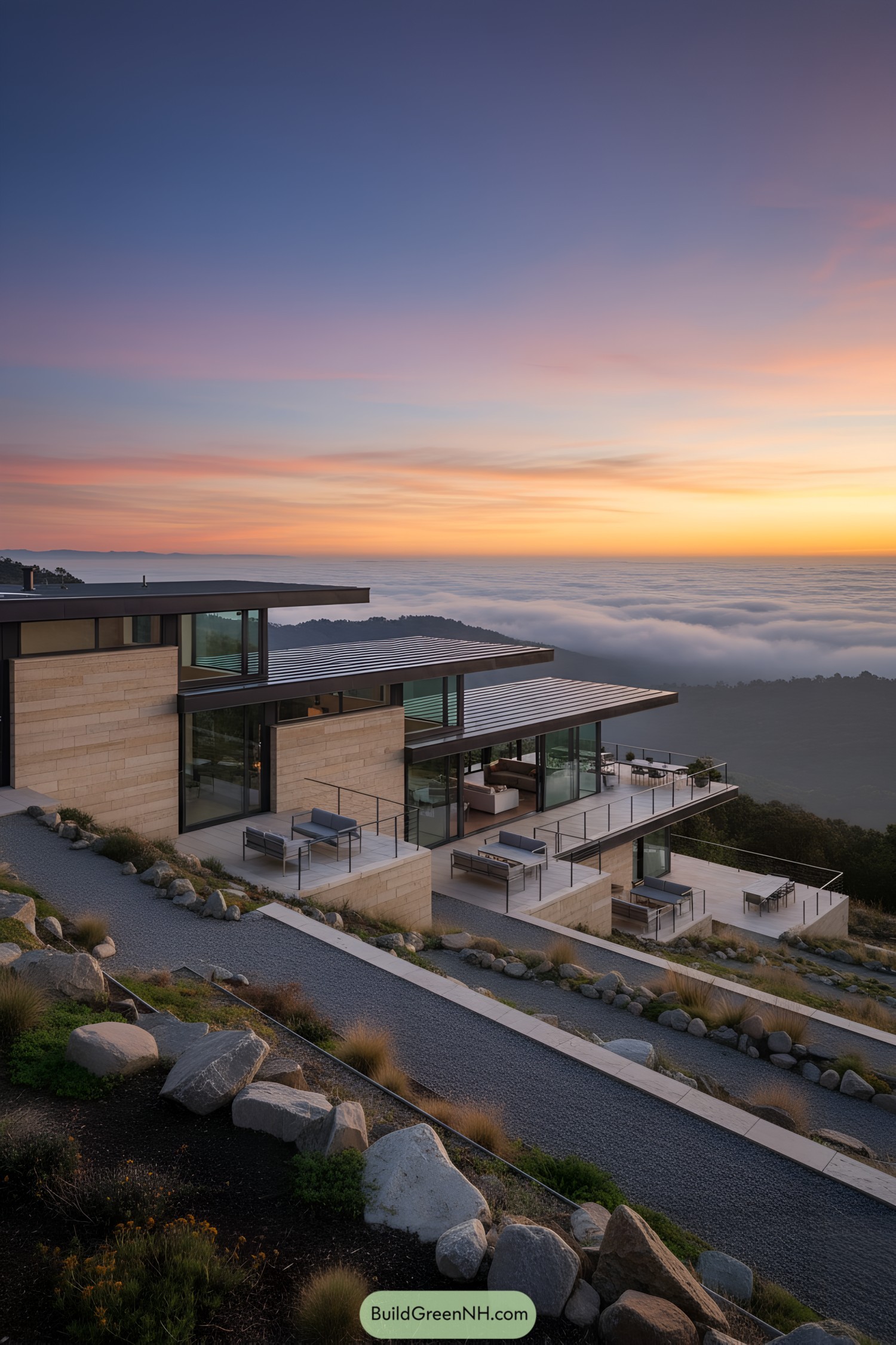 Modern house on a hill during a colorful sunrise with misty clouds below