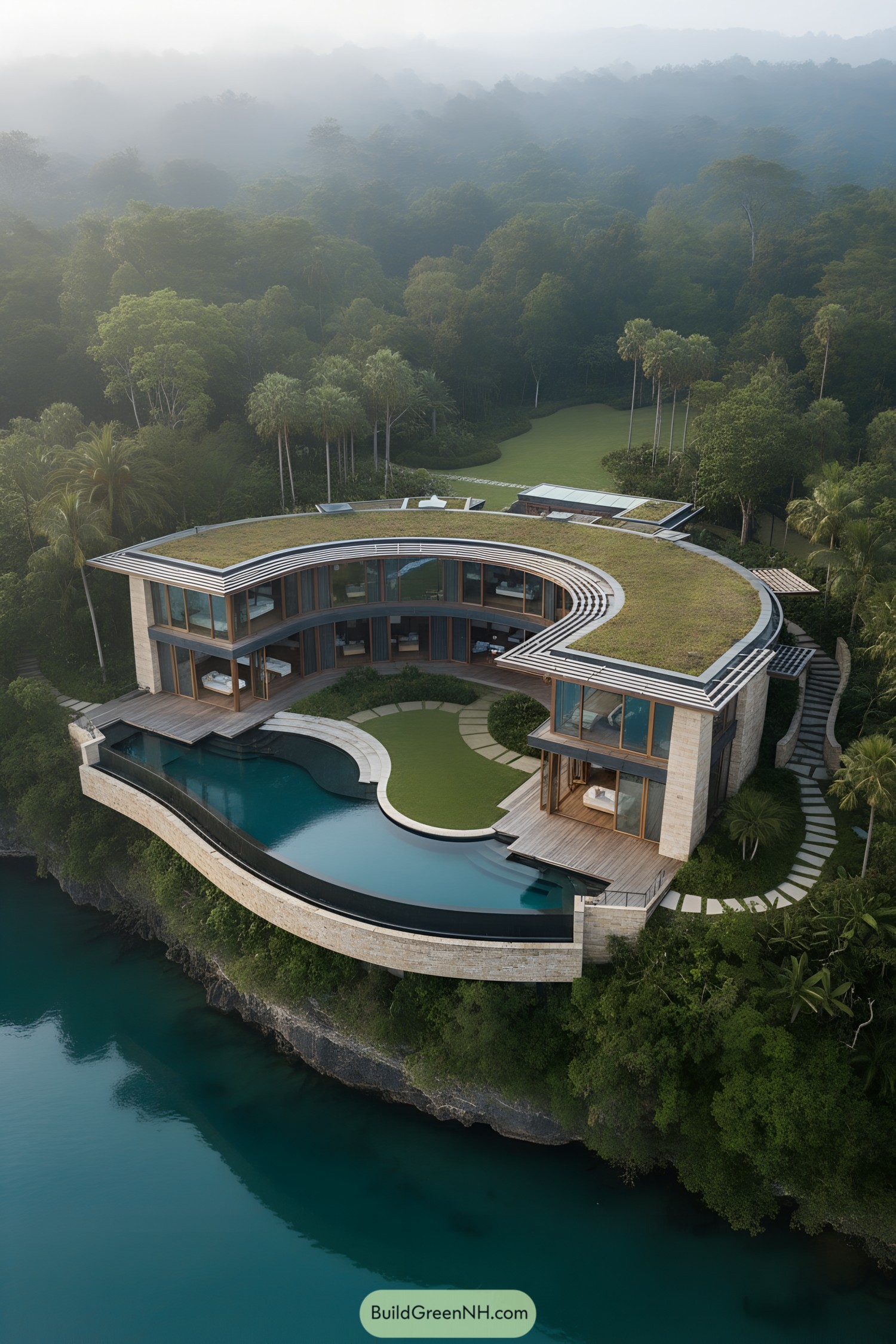 Curved cliffside villa with green roof and infinity pool over a turquoise lagoon
