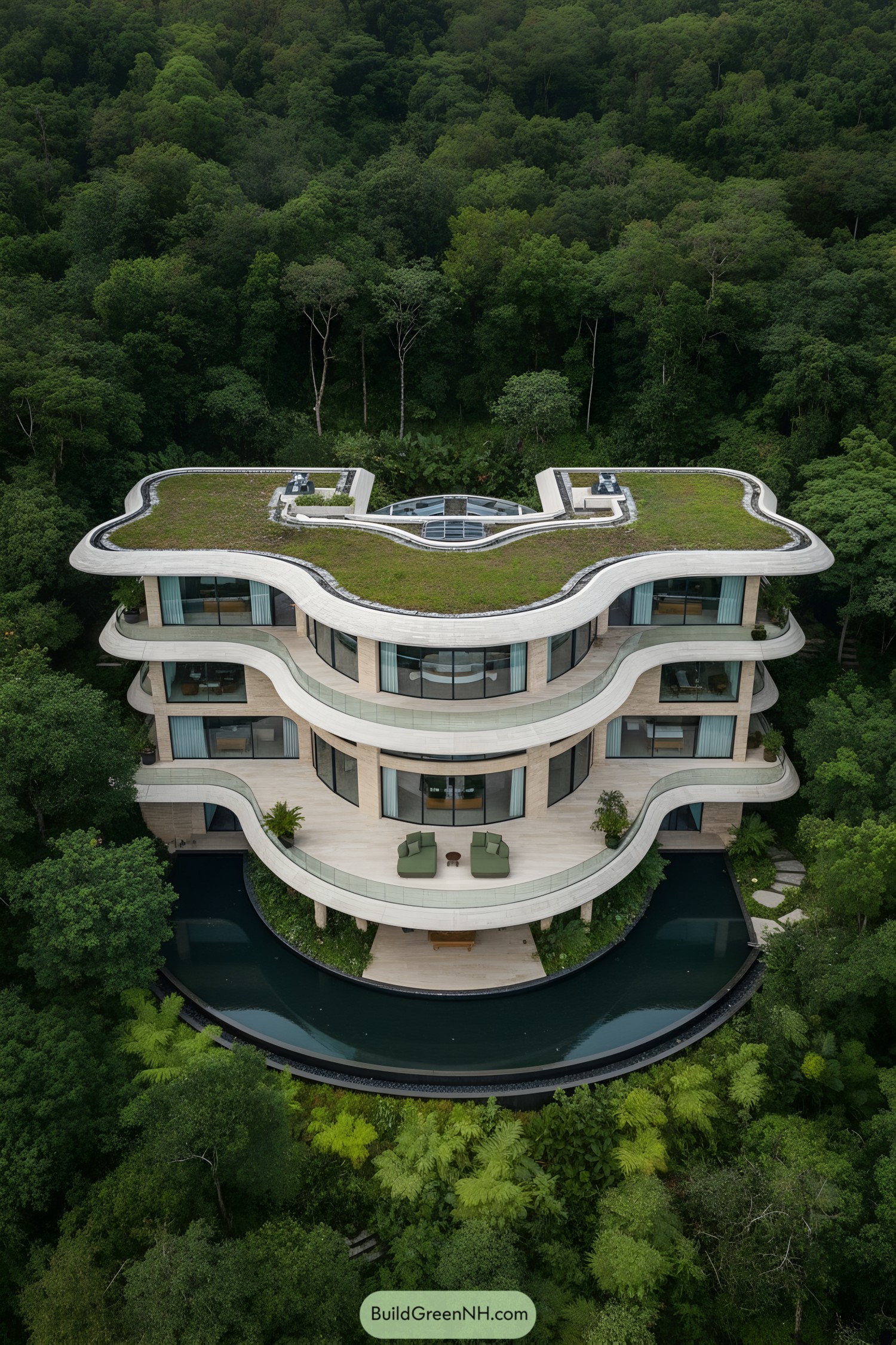 Curving multi-story jungle home with green roof and moat-like pool