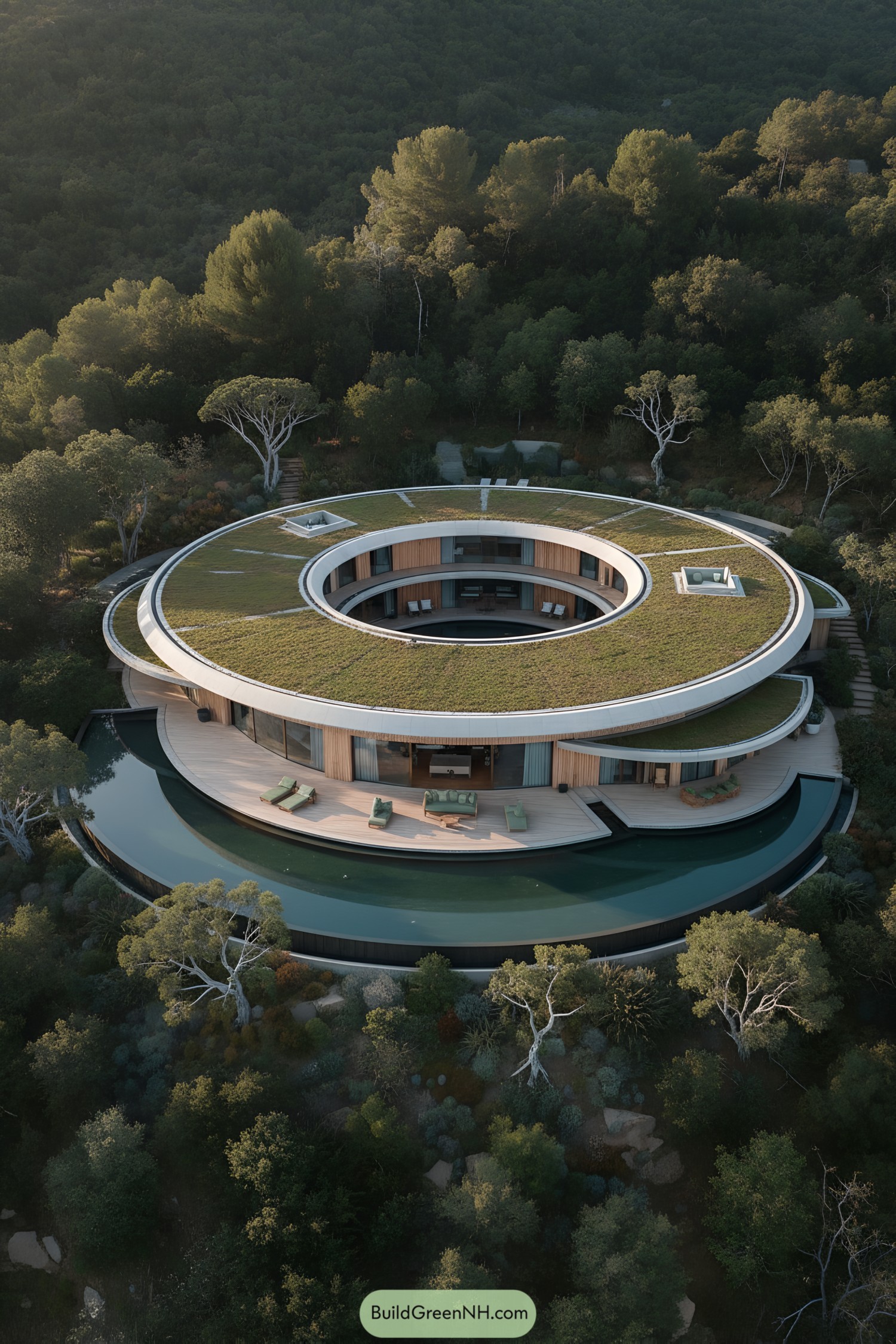 Ring-shaped timber house with green roof and circular reflecting pool in a forest