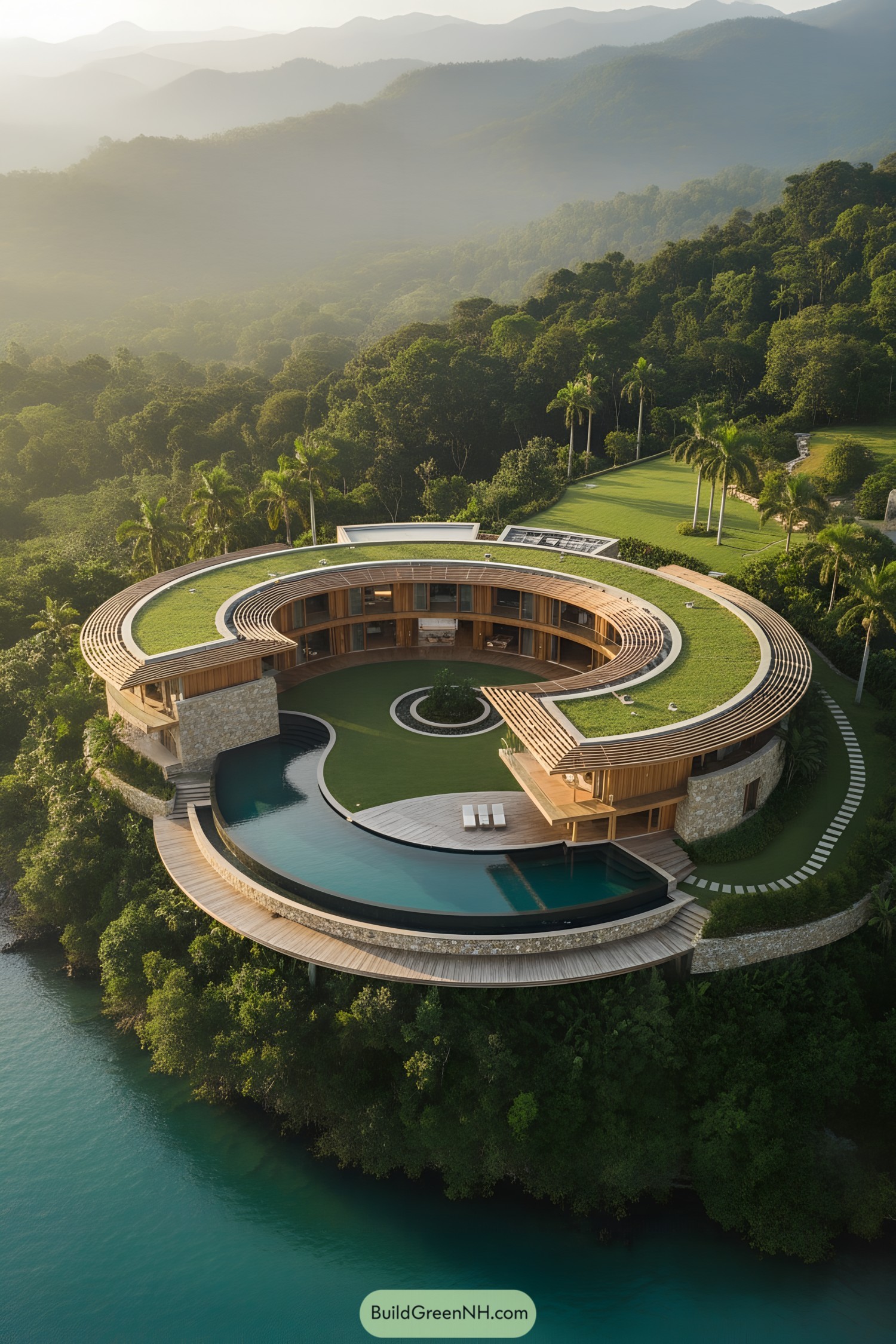 Circular forest-edge home with green roof and curved infinity pool above turquoise water