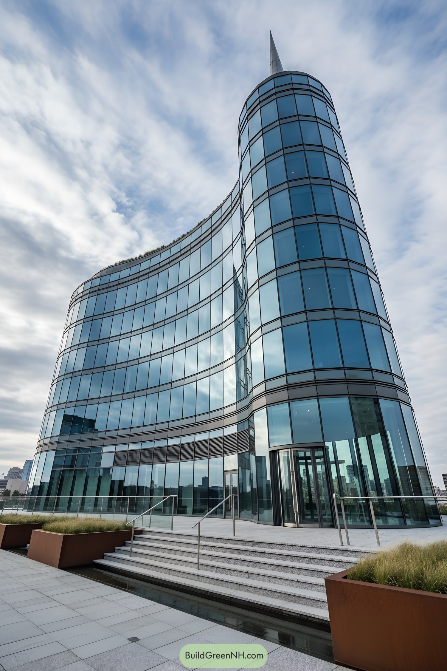 Sleek glass tower with rounded corner spire