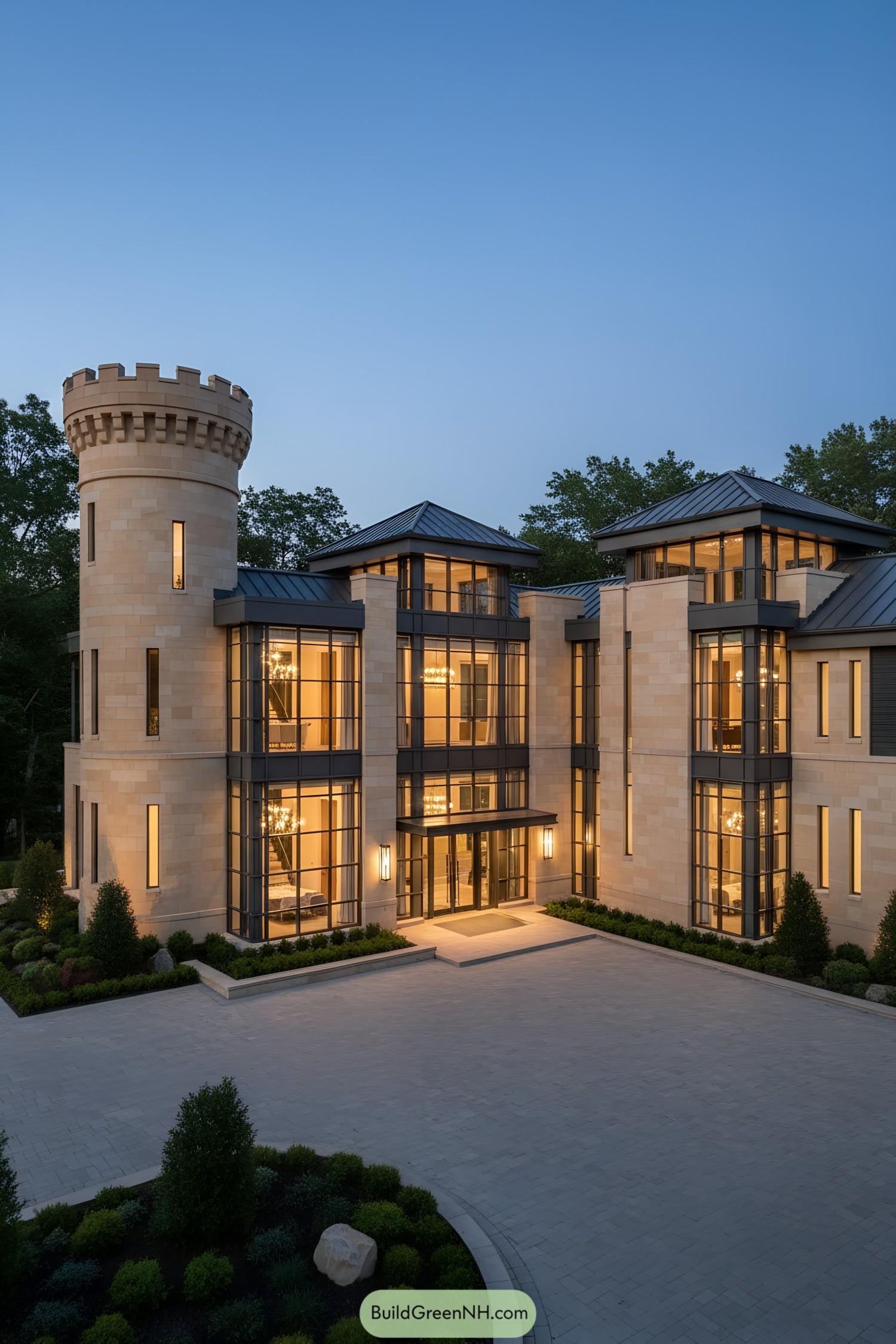 Modern stone castle with tall glass facades and turret at dusk