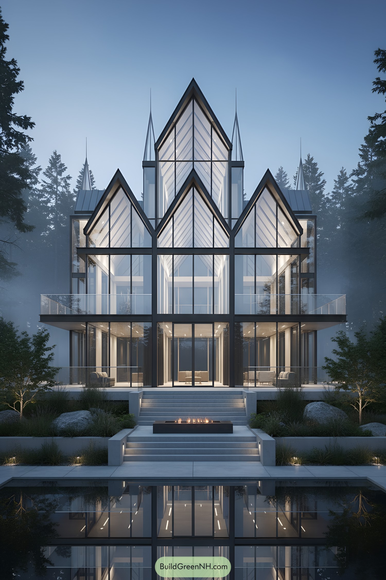 Glass-walled, gabled pavilion reflecting over a still pool at dusk