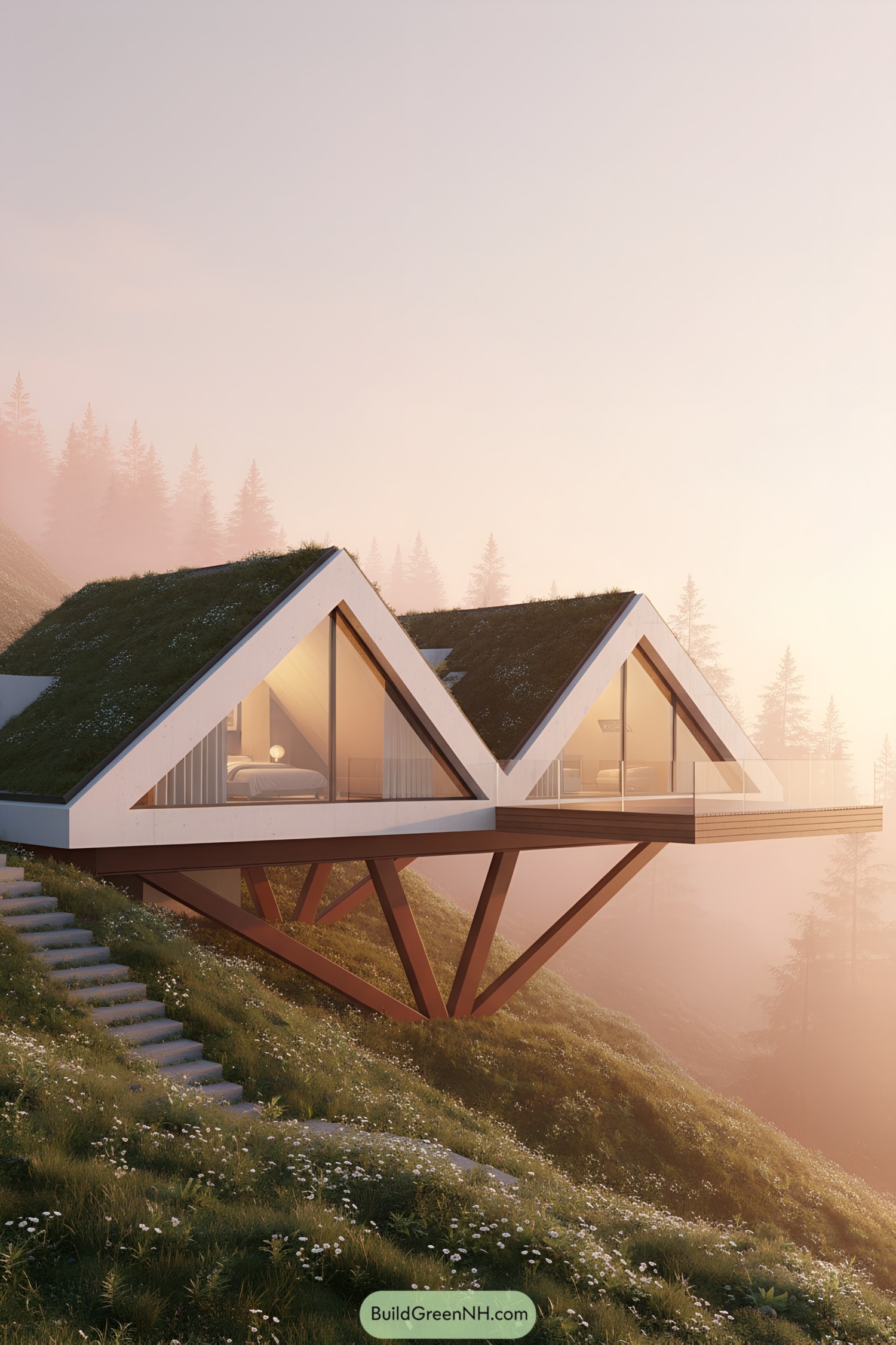 Contemporary home perched on misty hillside during sunrise