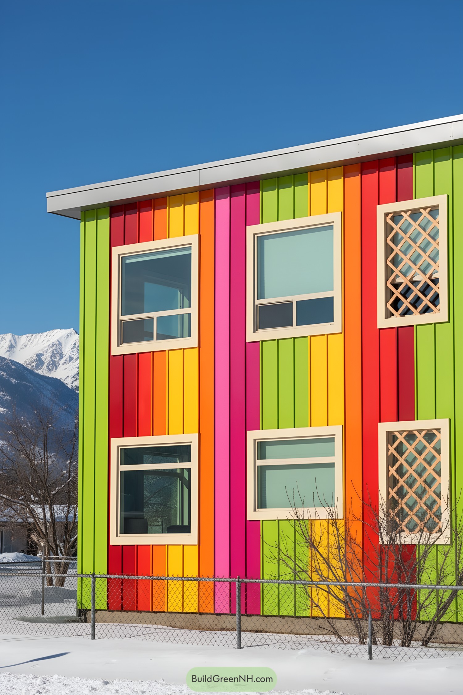 Colorful vertical planks with cream-framed square windows and diamond lattice accents