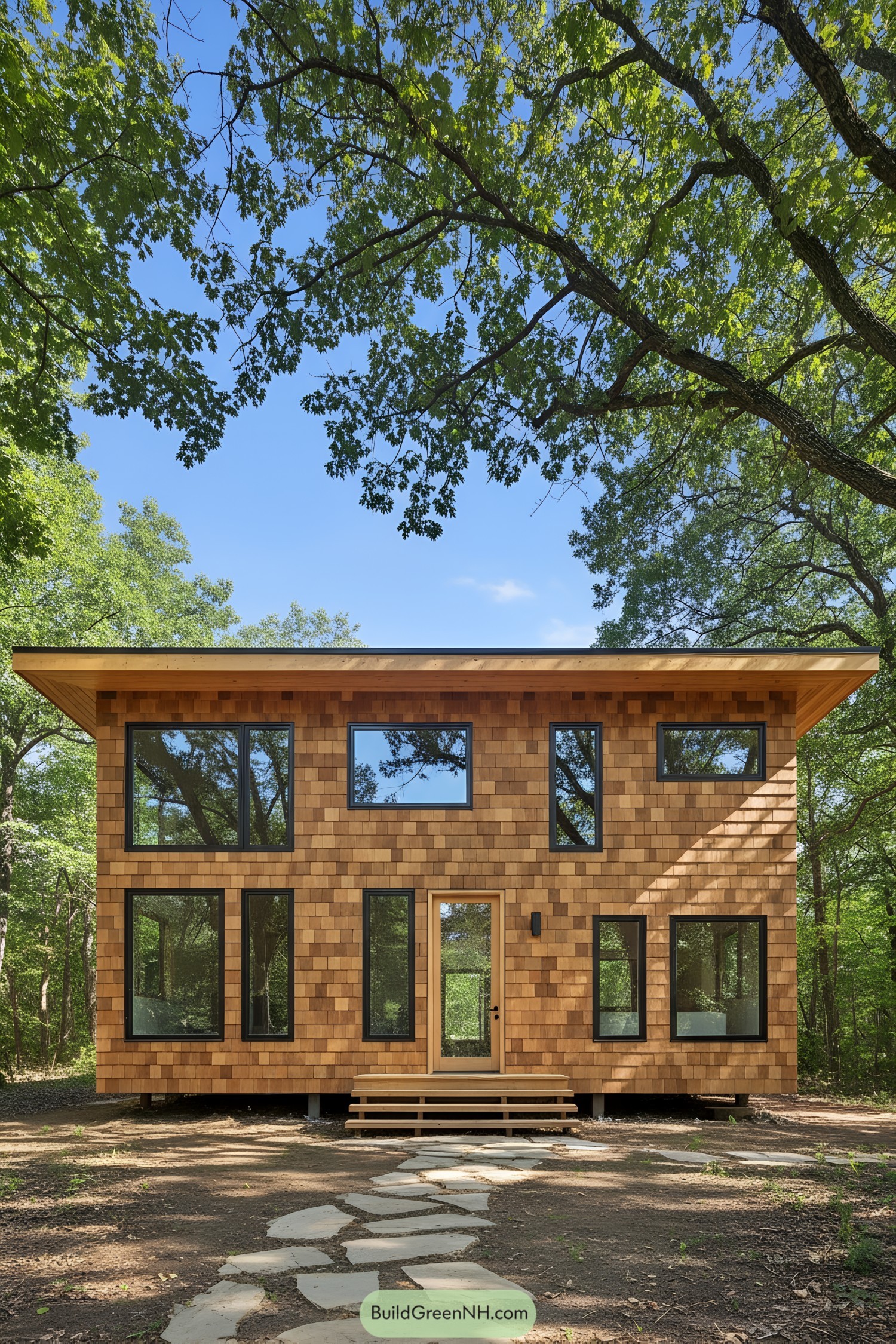 Two-story cedar-shingle cabin with varied black-framed windows and wide eaves in a forest
