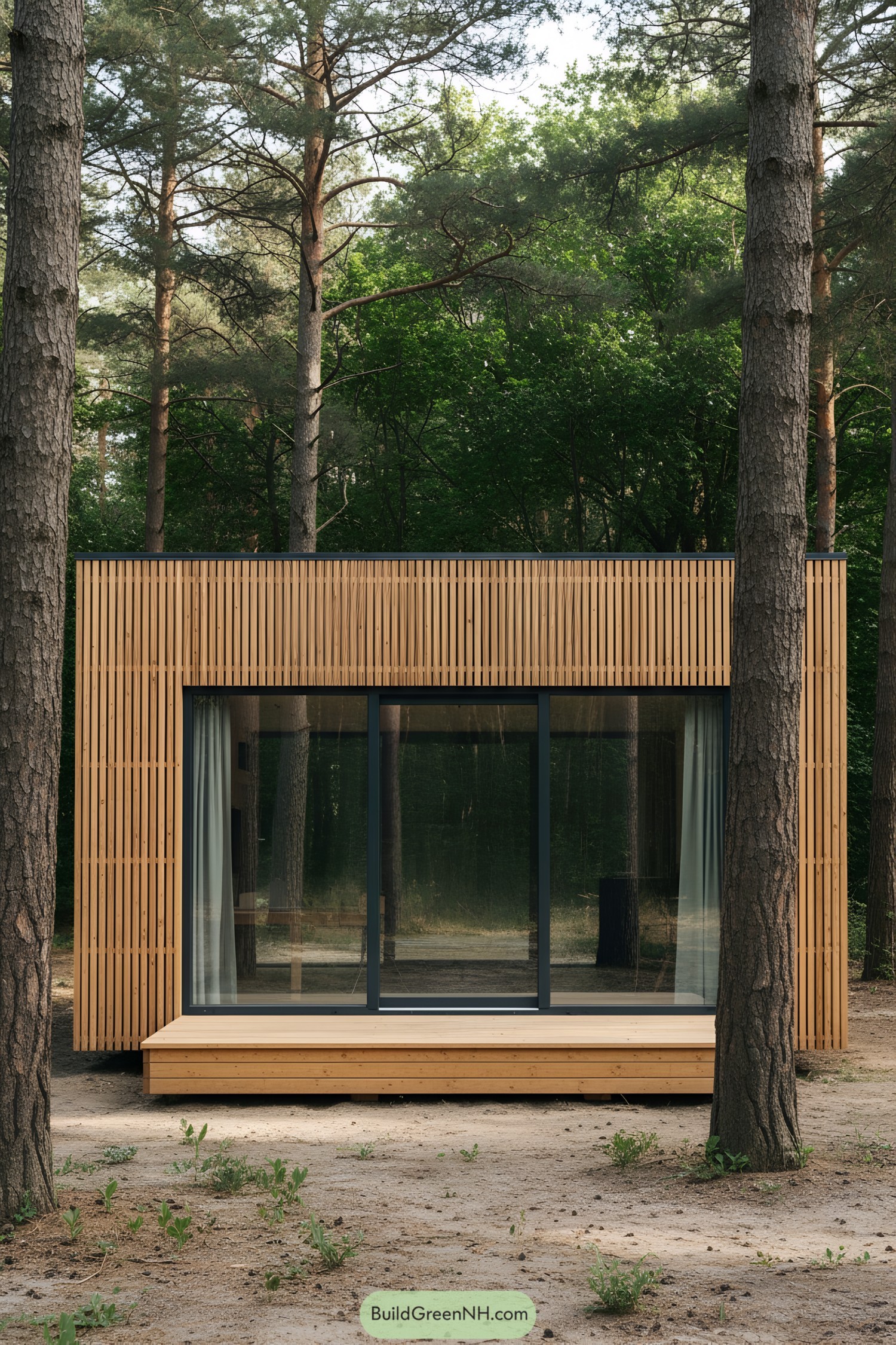 Modern cube cabin with vertical wood slats and a large sliding glass wall facing pine trees