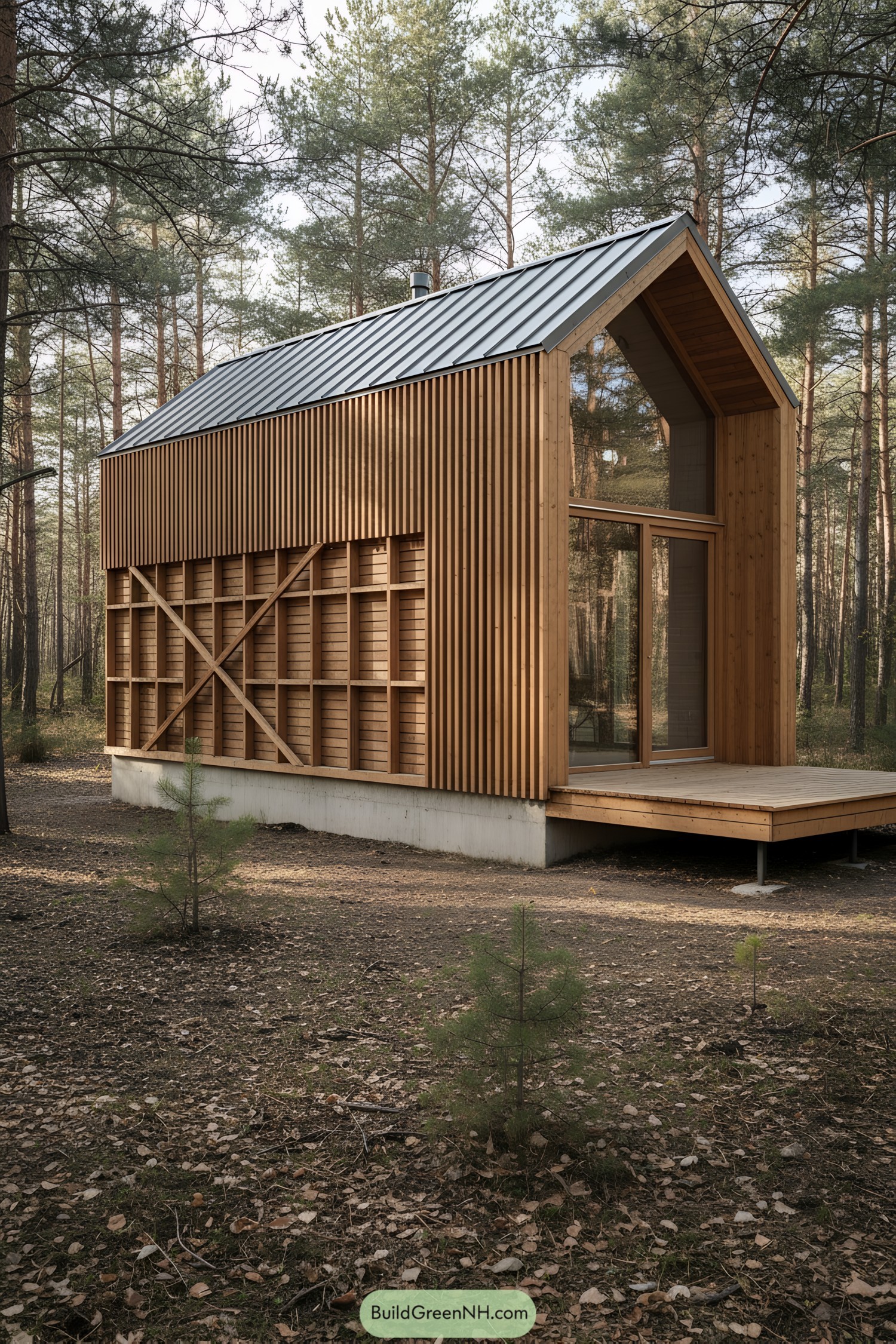 Gabled wood longhouse with vertical ribs, cross-braced lower wall, metal roof, and glazed portal on a small deck