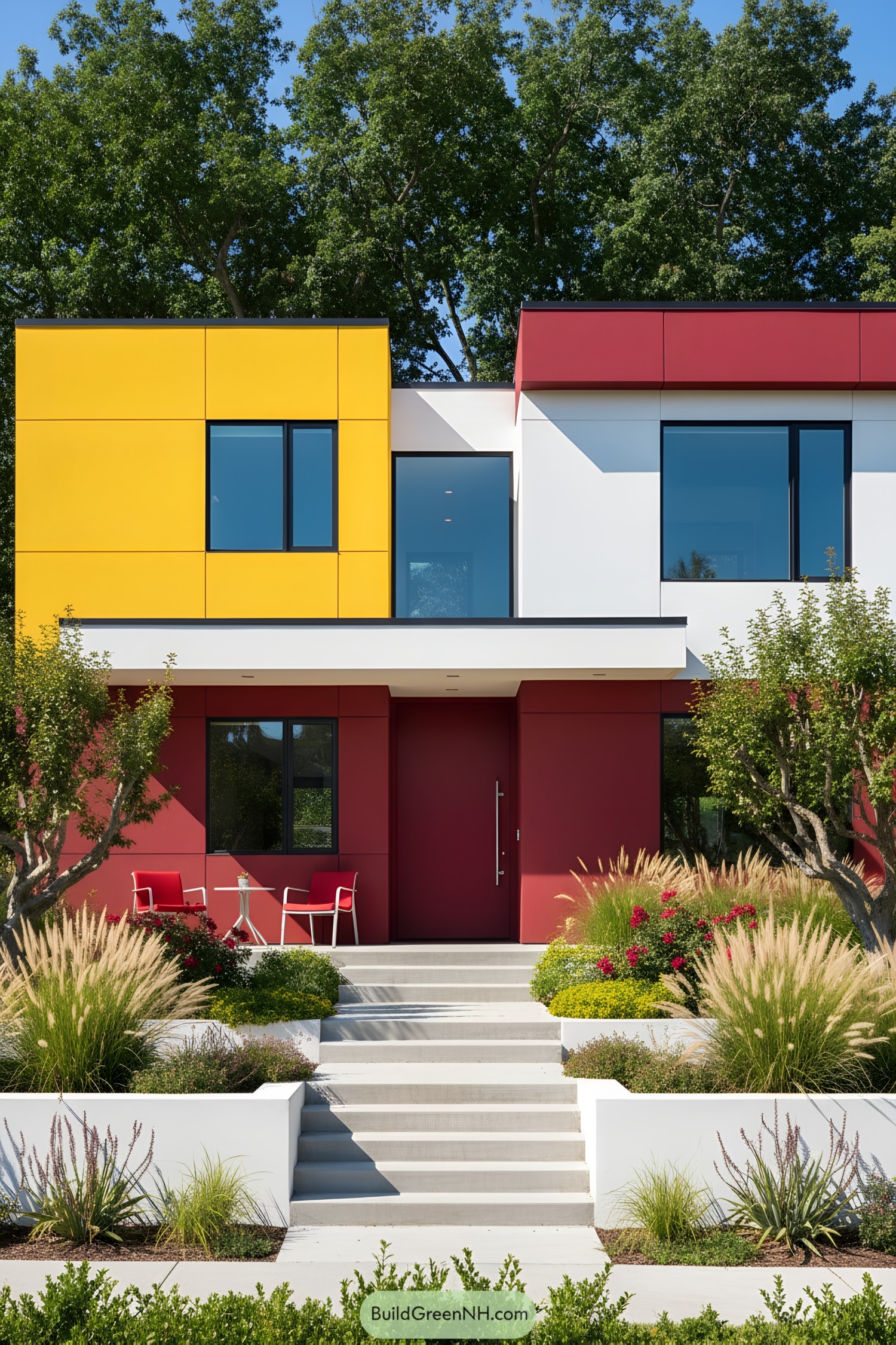 Modern house with yellow, white, and red panels and black-framed windows