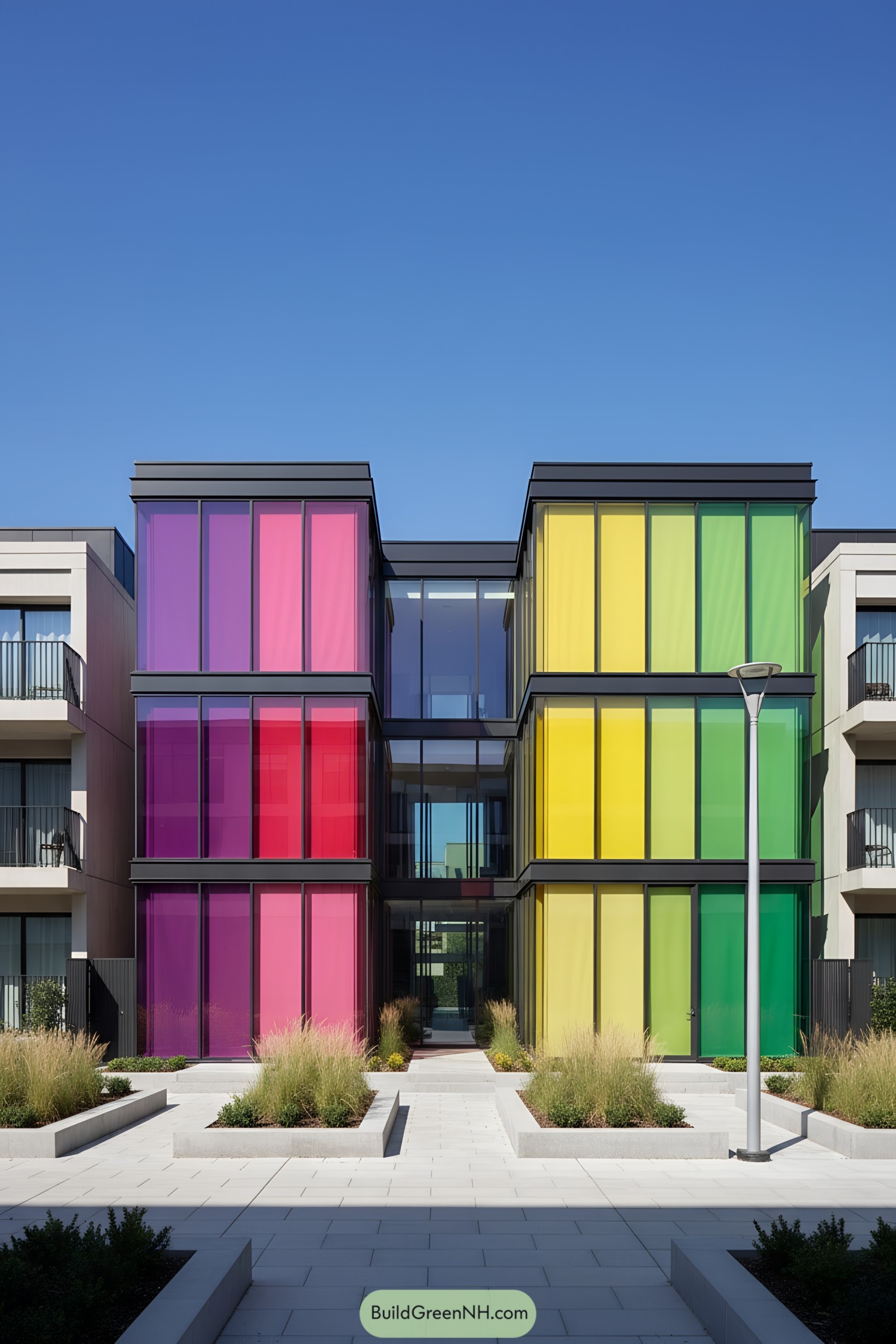 Symmetrical modern house with vertical tinted glass panels and a central glazed bridge