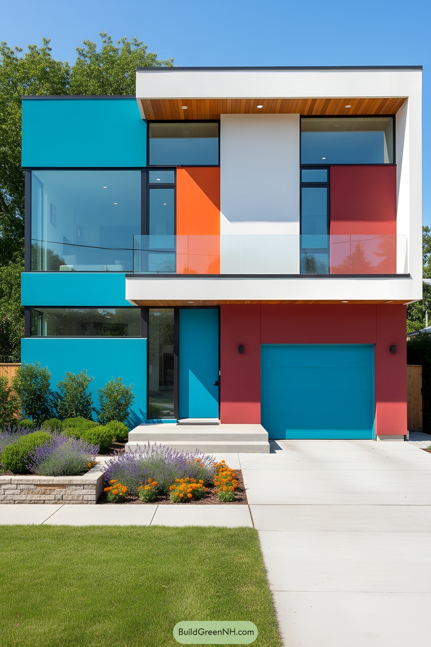 Two-story modern facade with teal, orange, and red panels, white wrap, and glass balcony