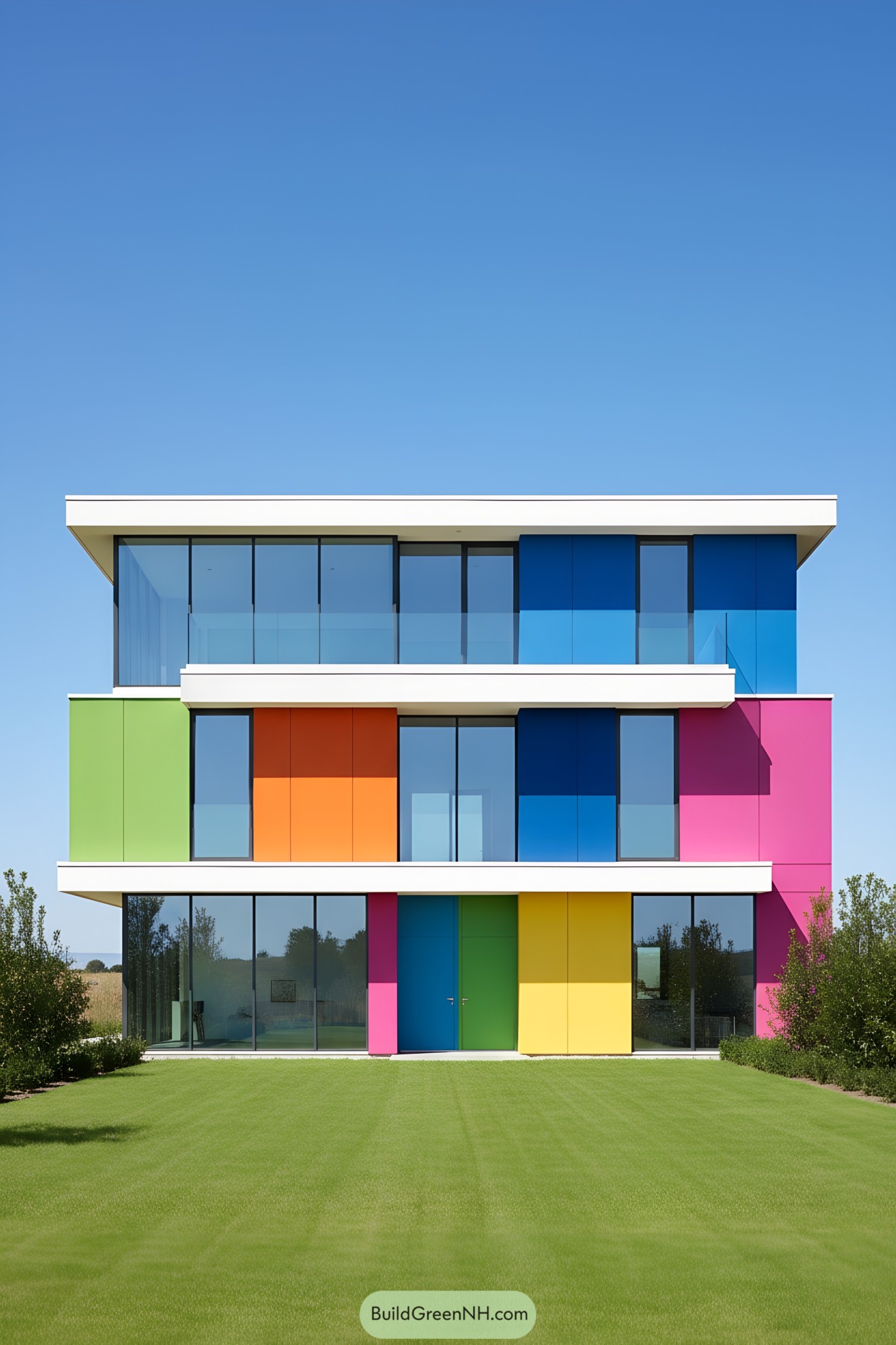 Modern three-story house with bold color panels and expansive glass, framed by crisp white slab bands