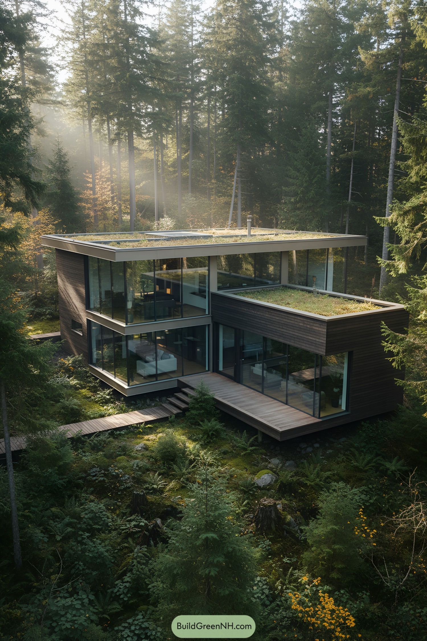 Modern house nestled in a lush forest setting