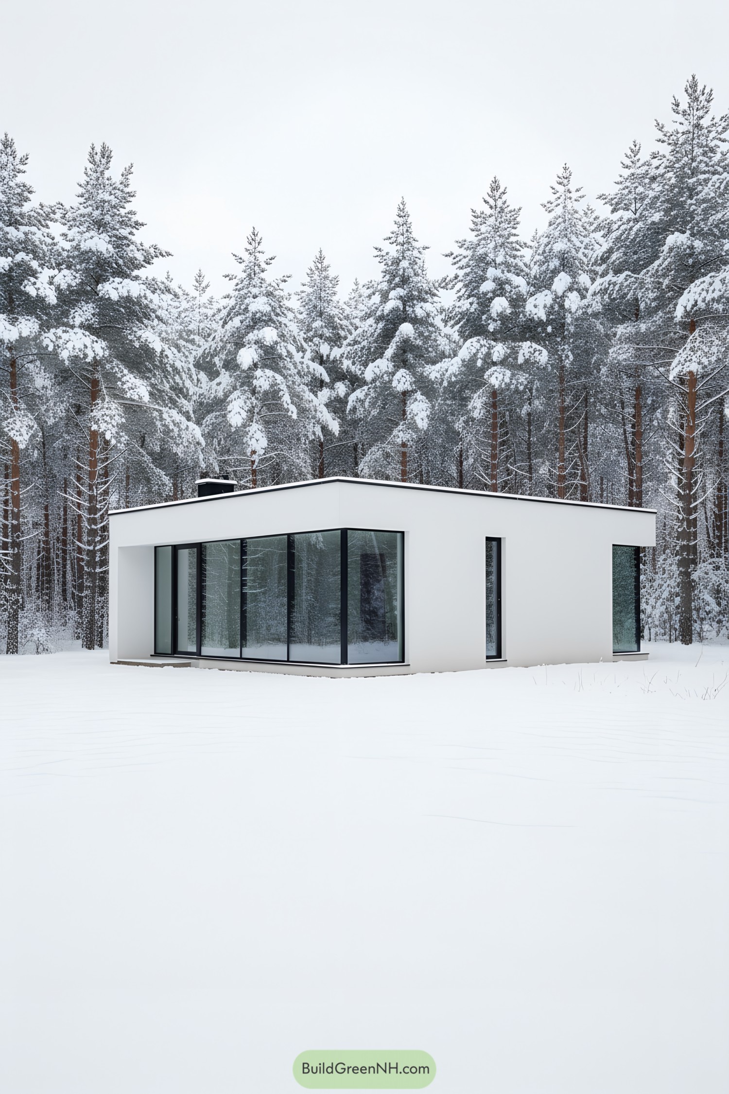 Modern white house with large windows set in a snowy forest