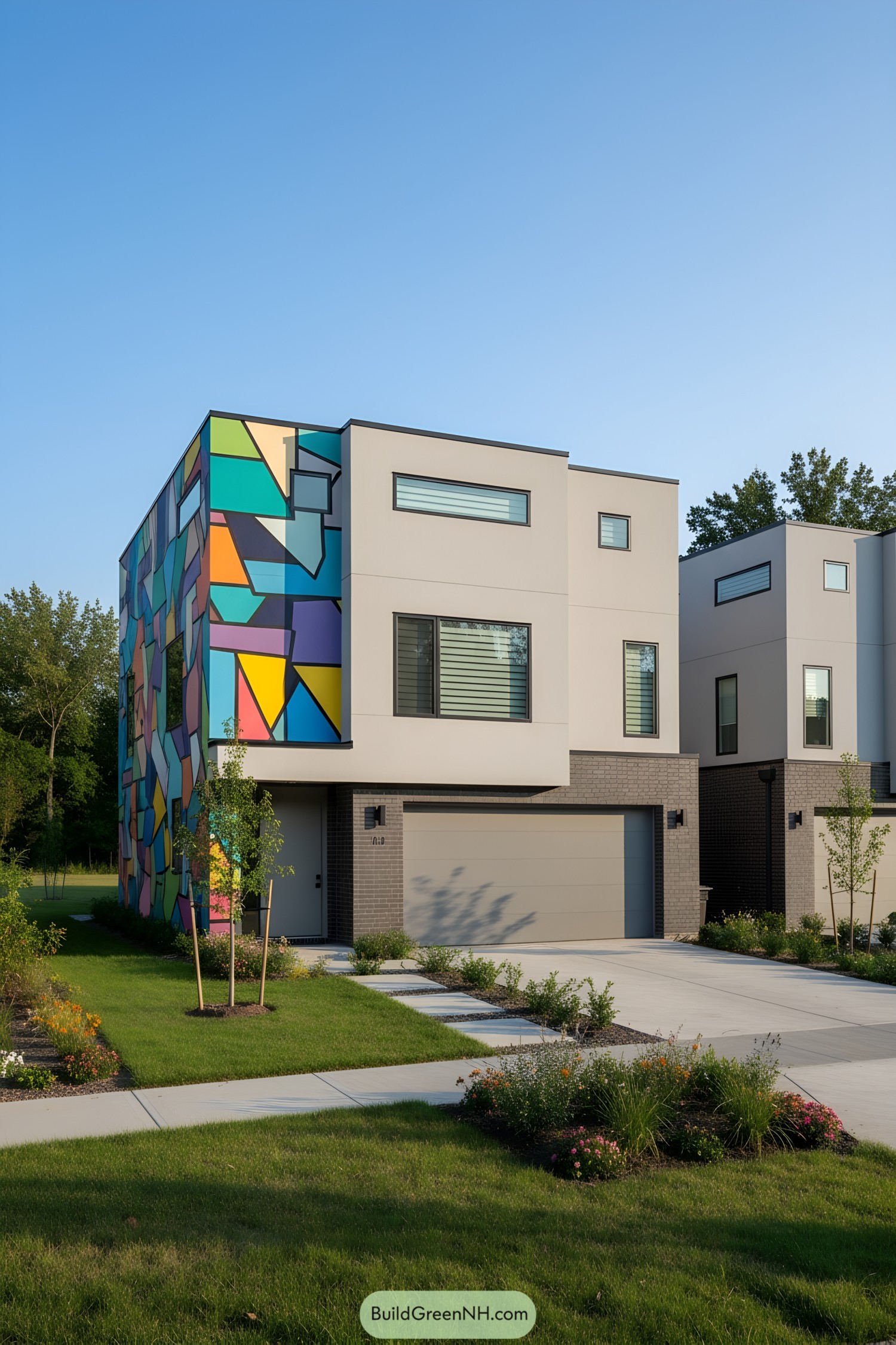 Modern townhome with colorful geometric corner wrap and narrow slot windows