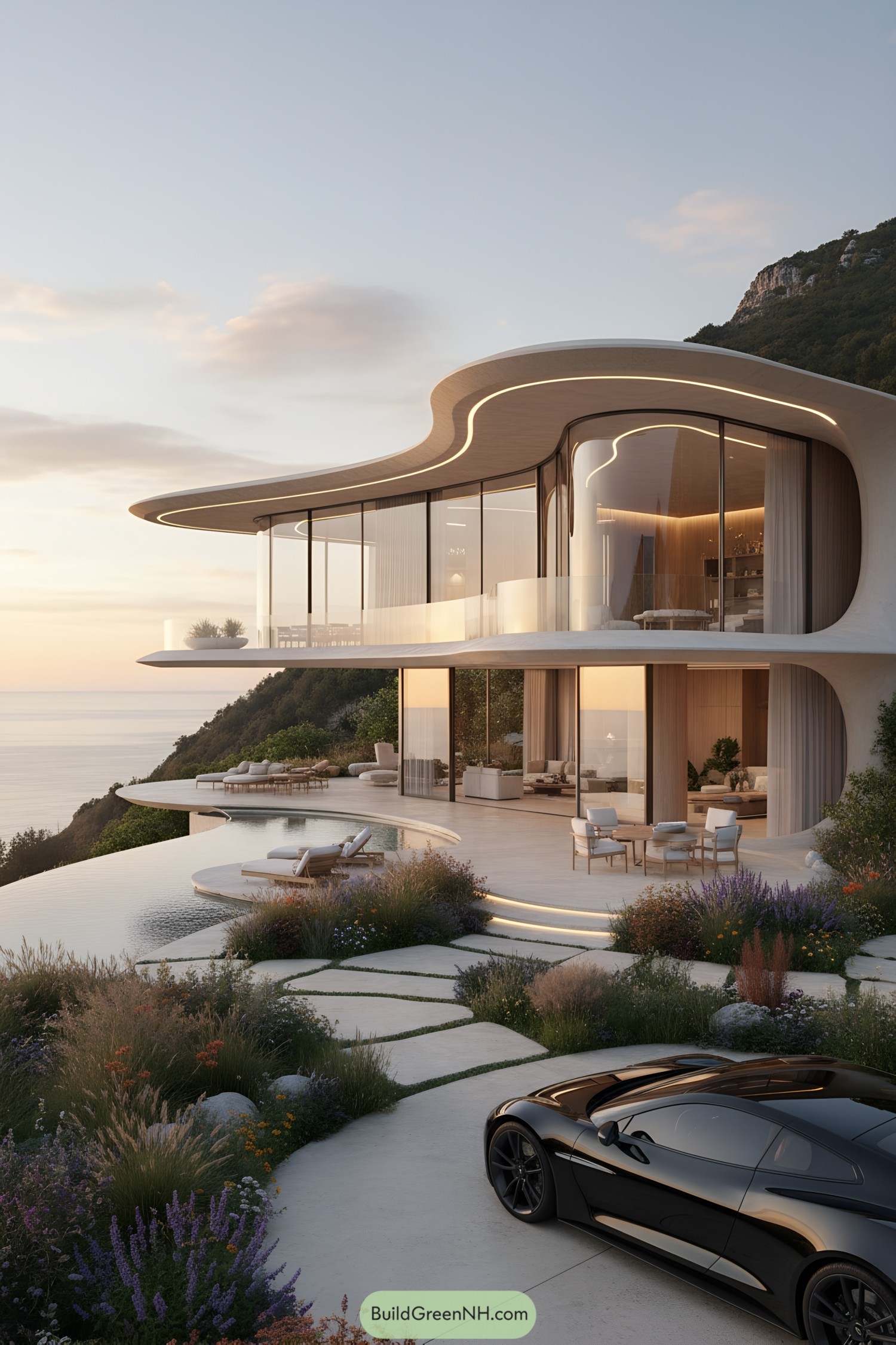 Curvilinear glass coastal home with layered terraces and an infinity pool at sunset