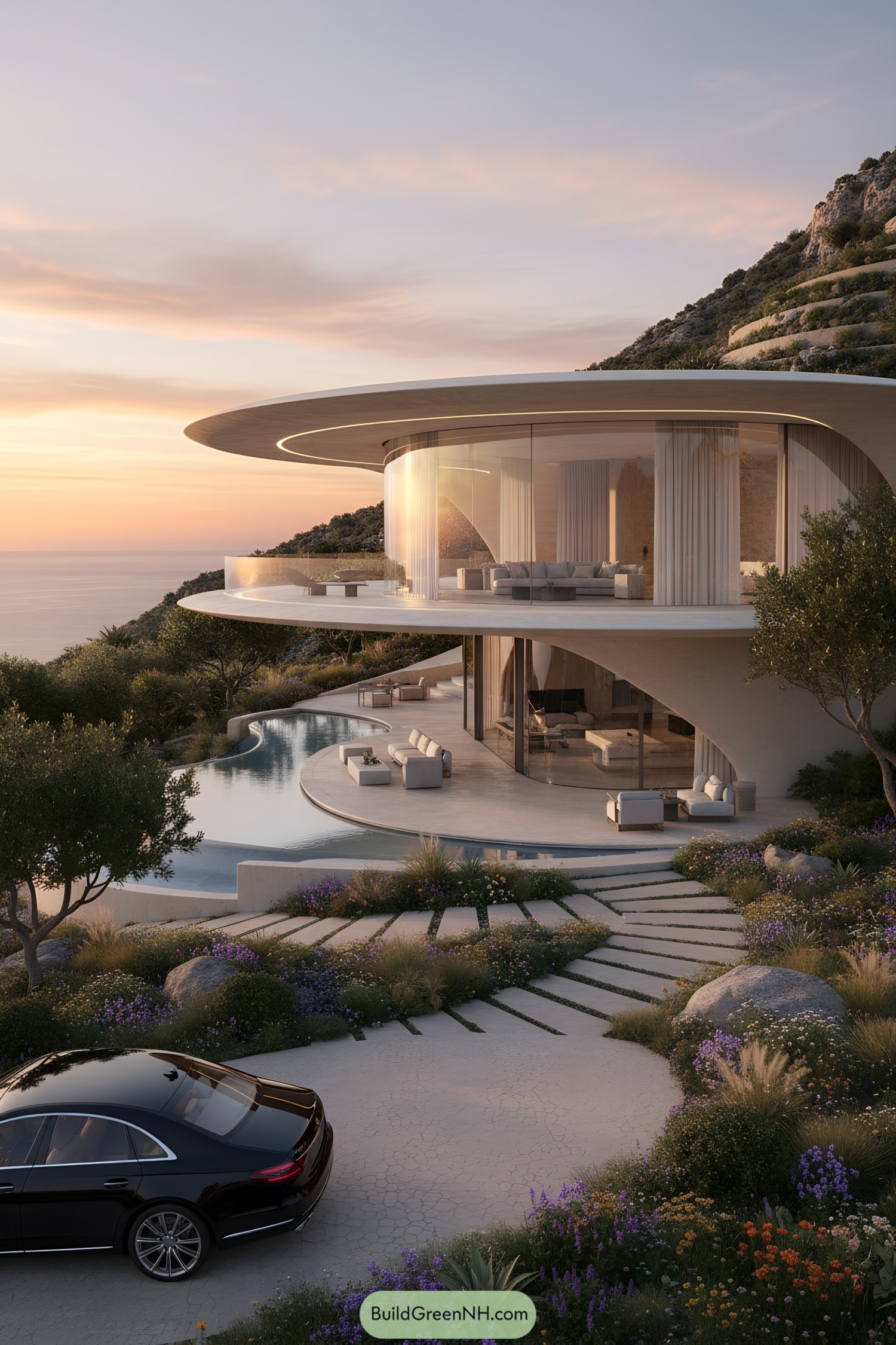 Cliffside modern circular glass house with cantilevered disc roofs and a curving infinity pool at sunset