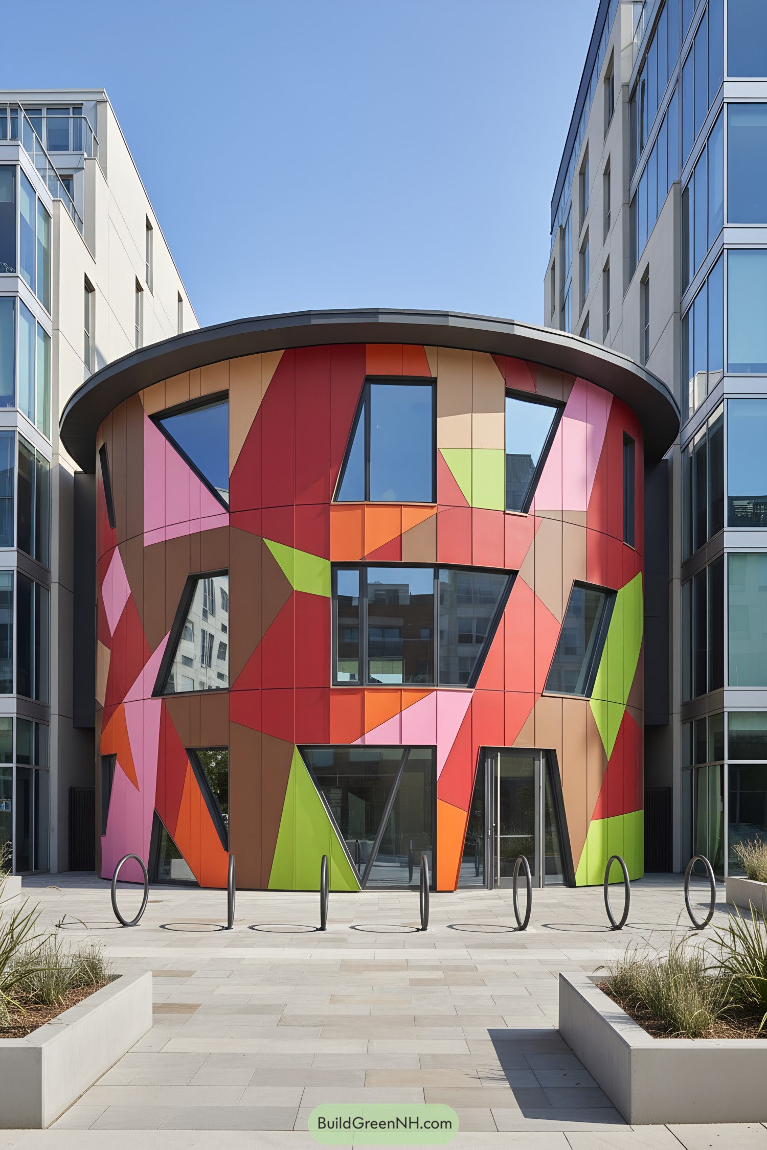 Curved facade with bright polygonal panels and tilted windows