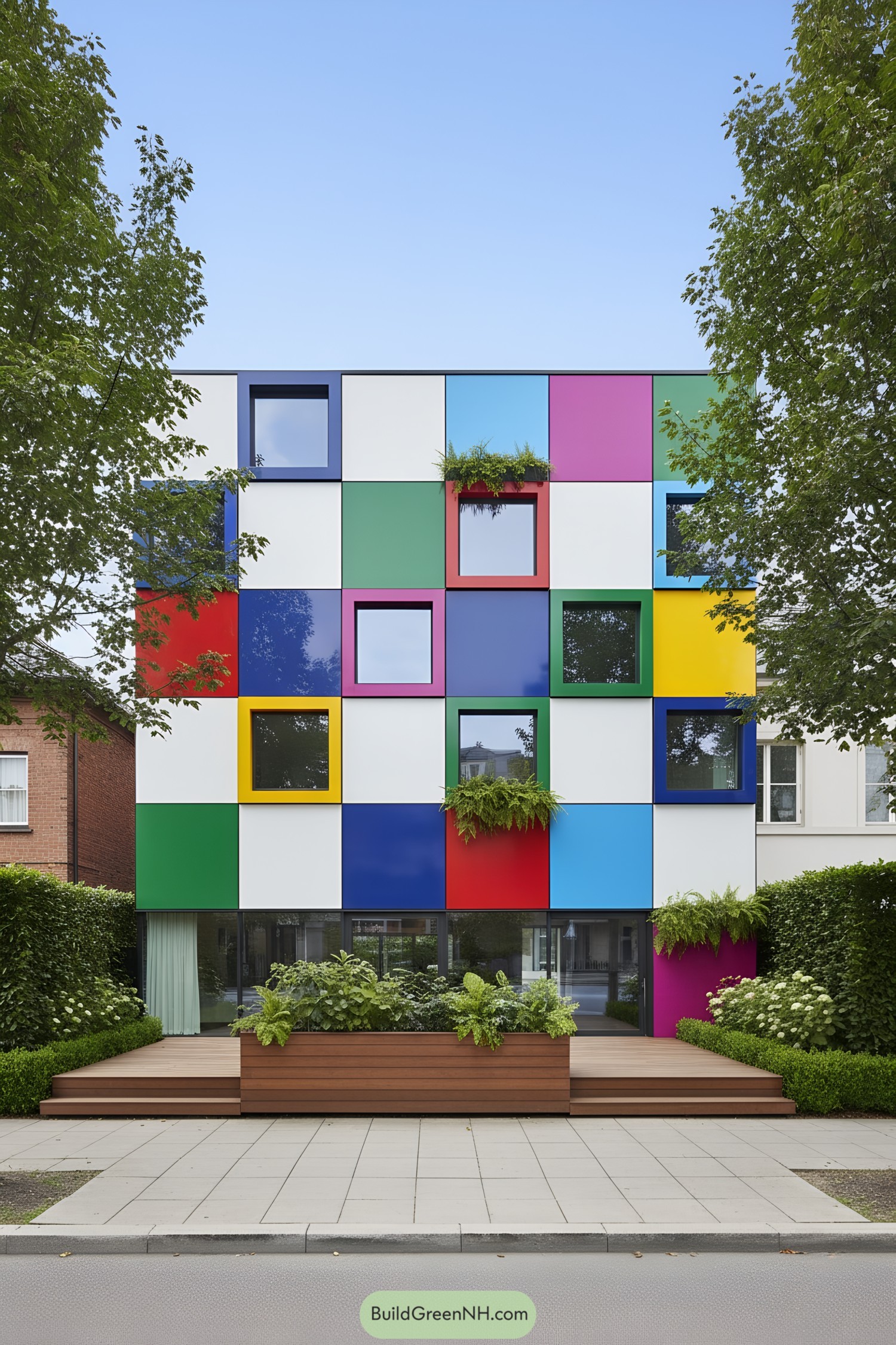 Color‑blocked facade with protruding square windows and fern planters