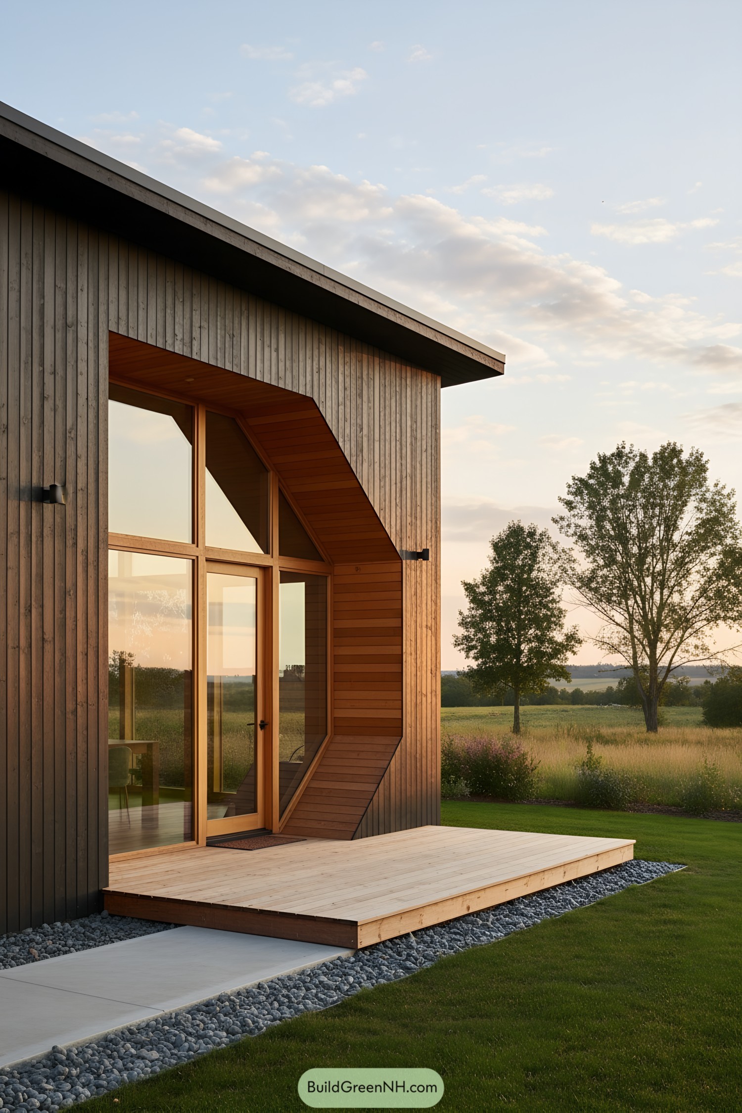 Modern cabin with a faceted timber entry, full-height glass, and a low deck in a meadow