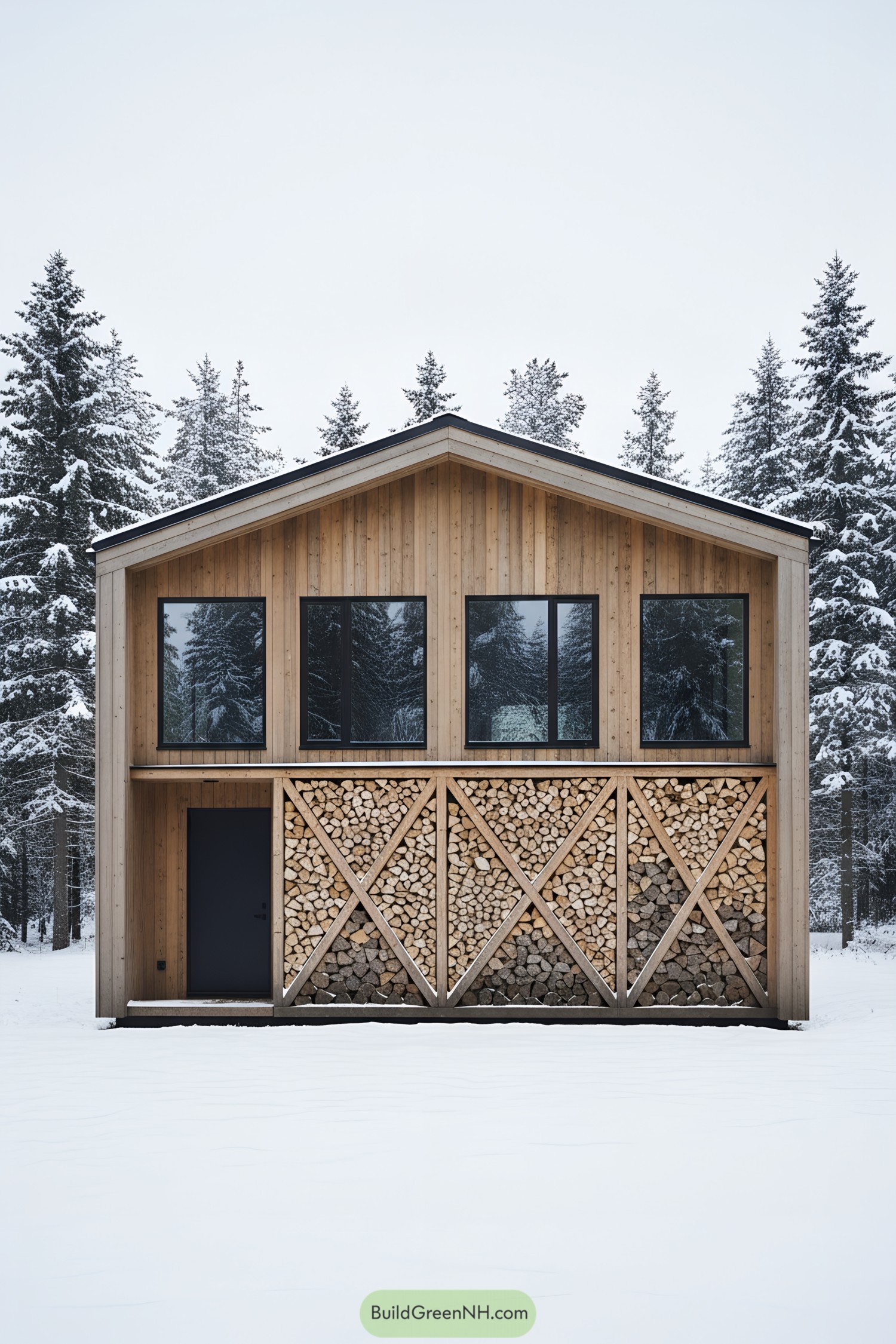 Cedar-clad gable cabin with X-braced woodpile facade and four black-framed windows