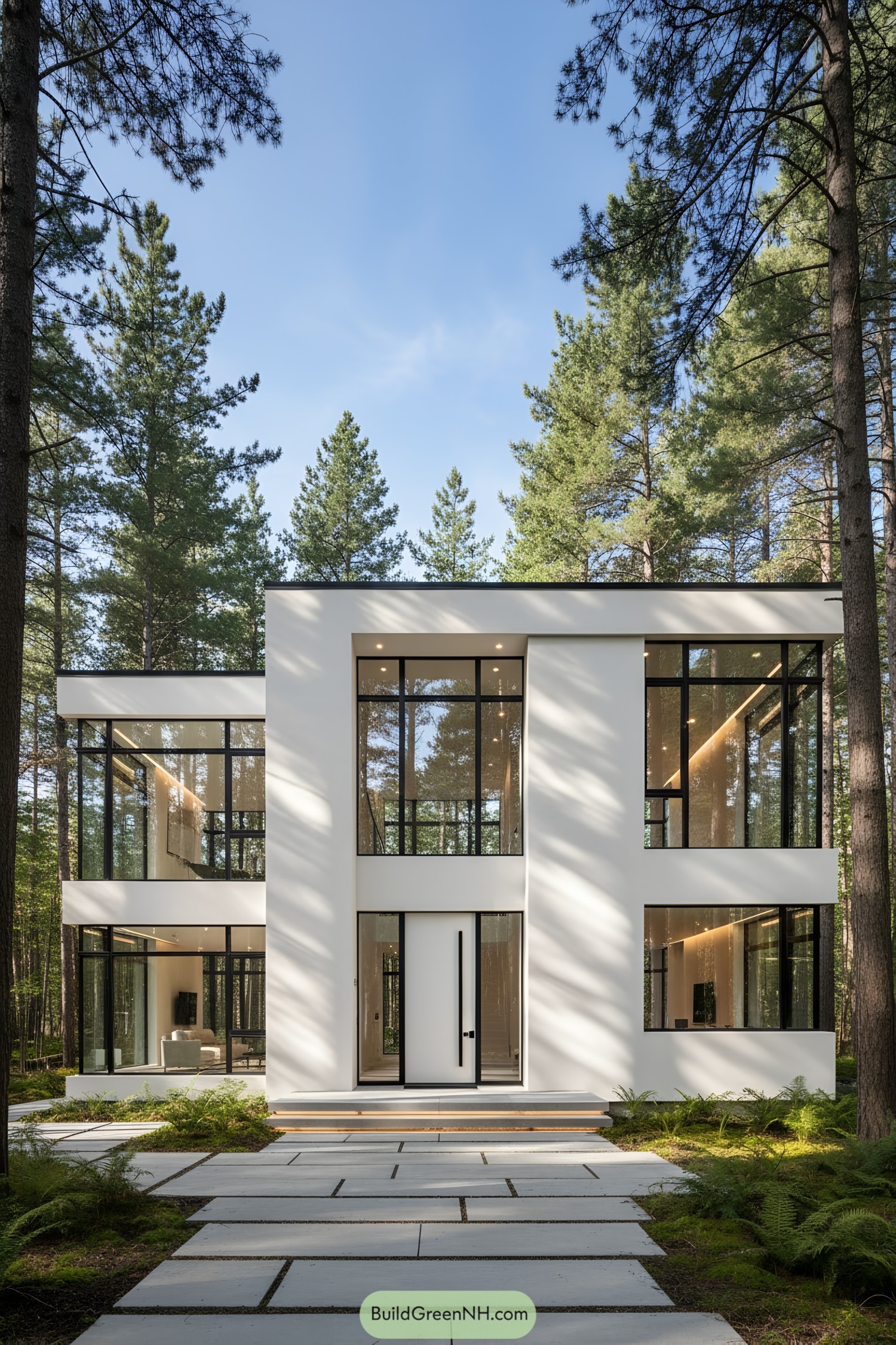Modern house nestled amongst tall trees