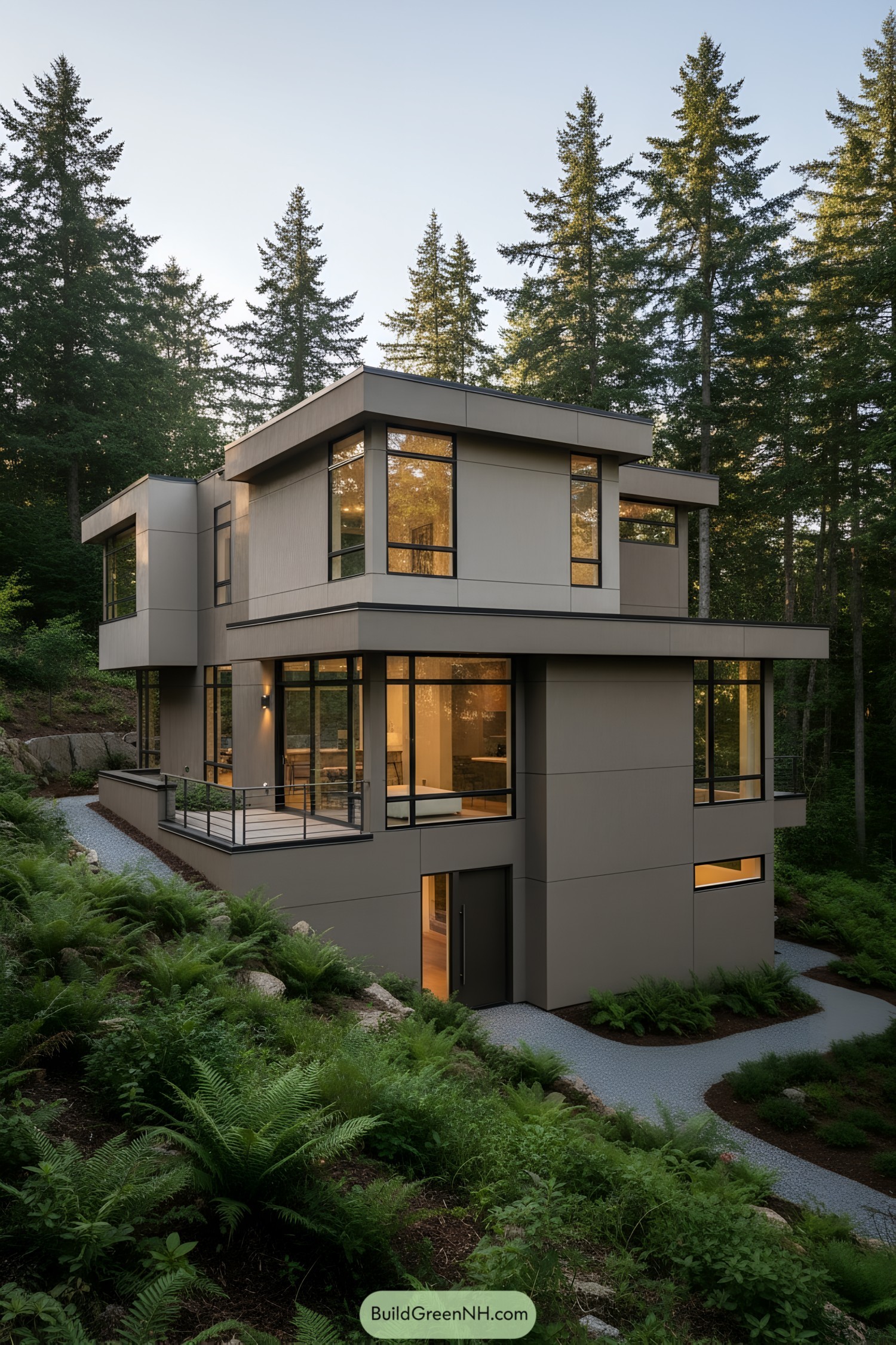 Modern house nestled in a forest setting
