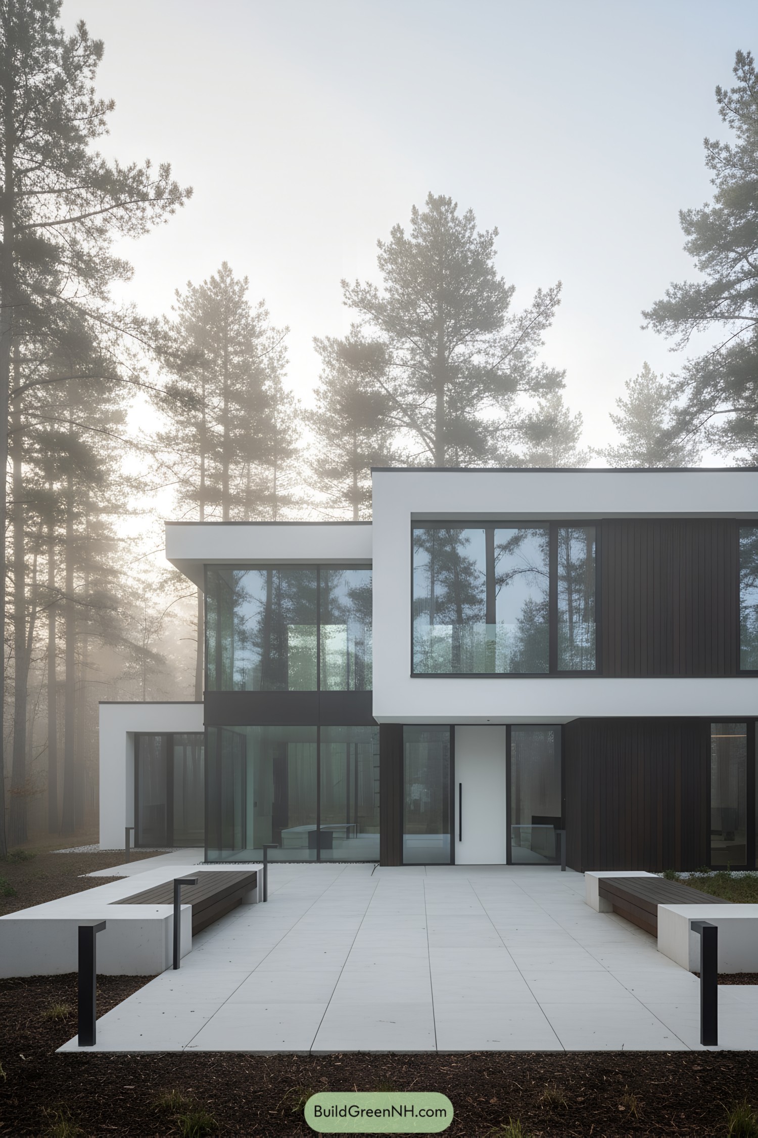 Sleek modern house with large windows surrounded by trees