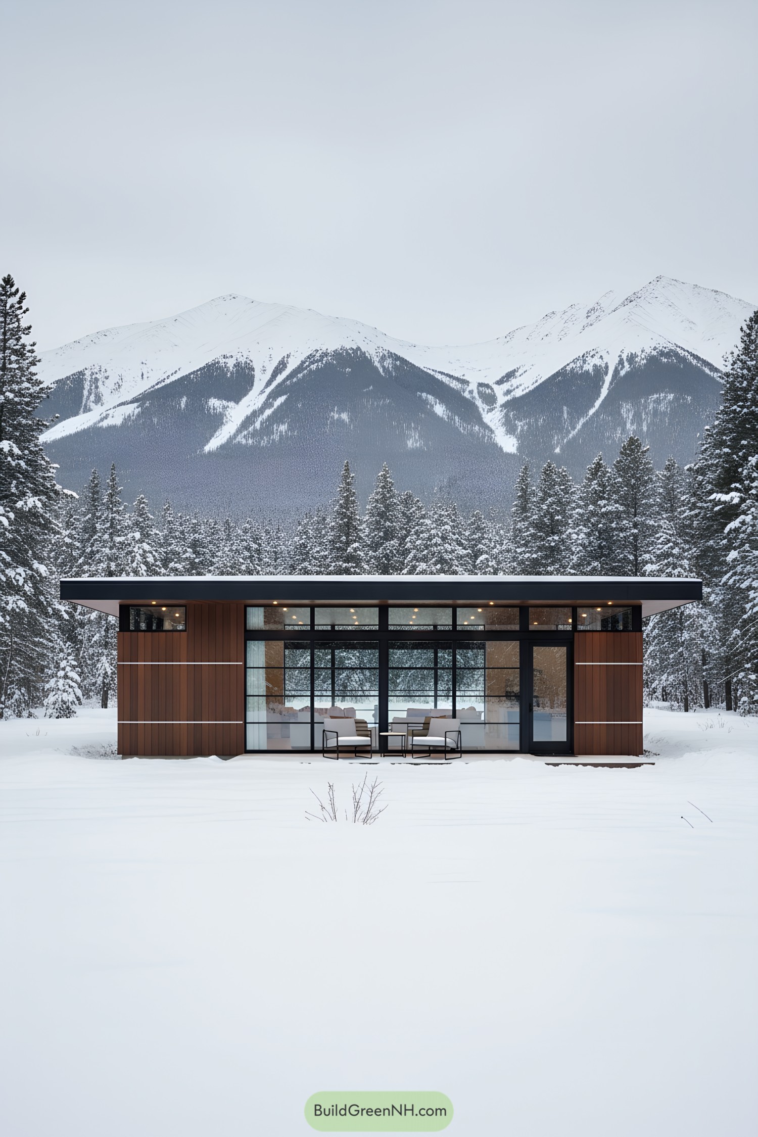 Modern house amidst snow-covered trees and mountains