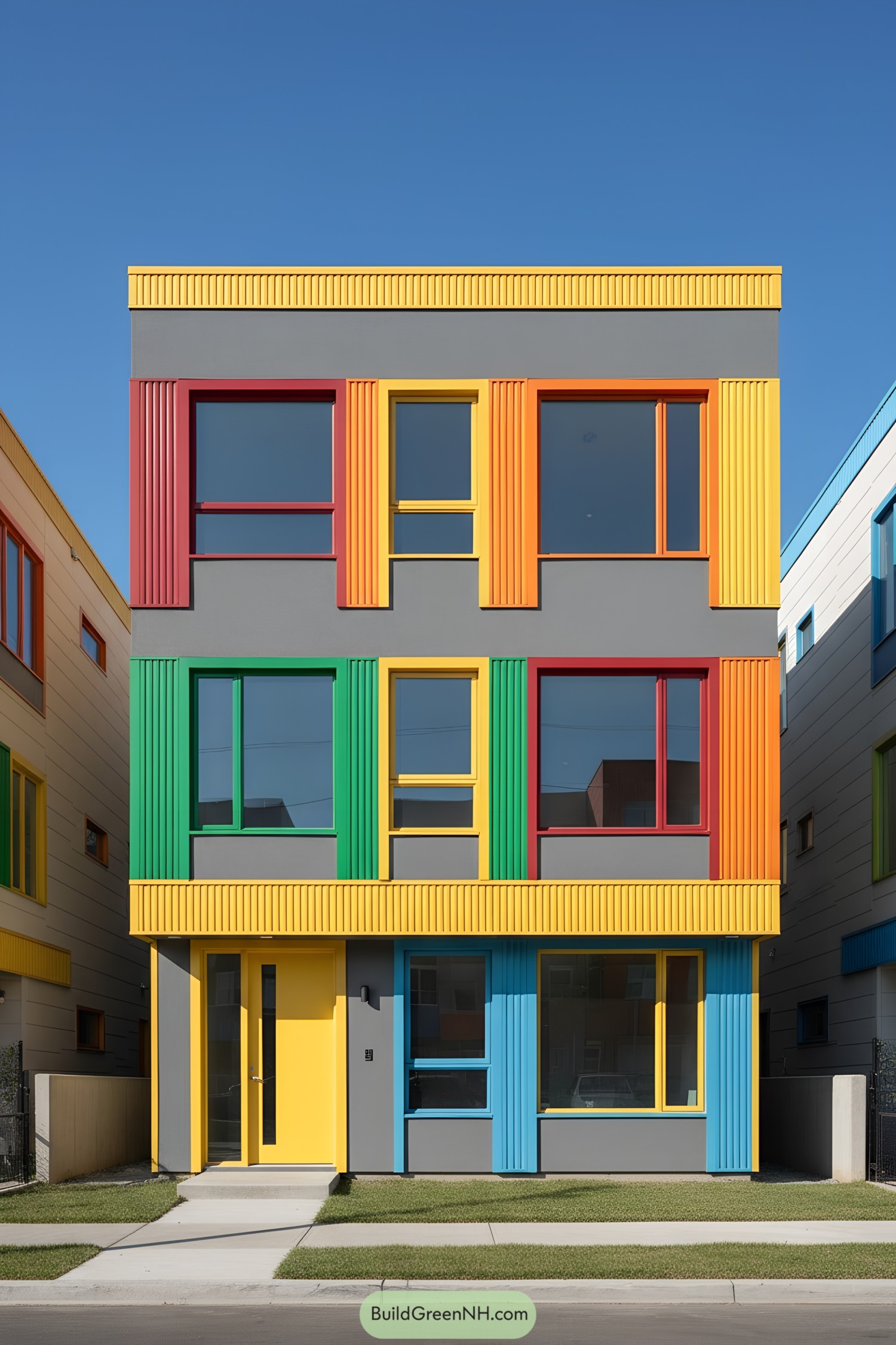 Three-story gray townhouse with ribbed multicolor frames and yellow bands
