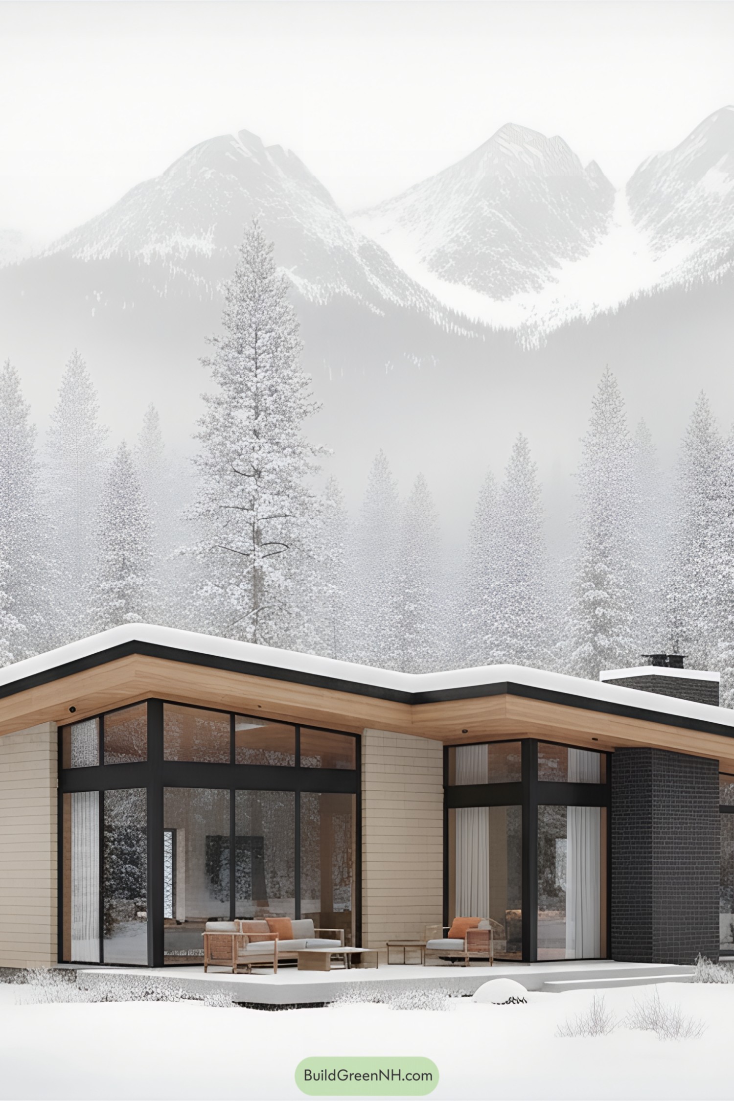 Modern house nestled in snowy forest with mountain backdrop