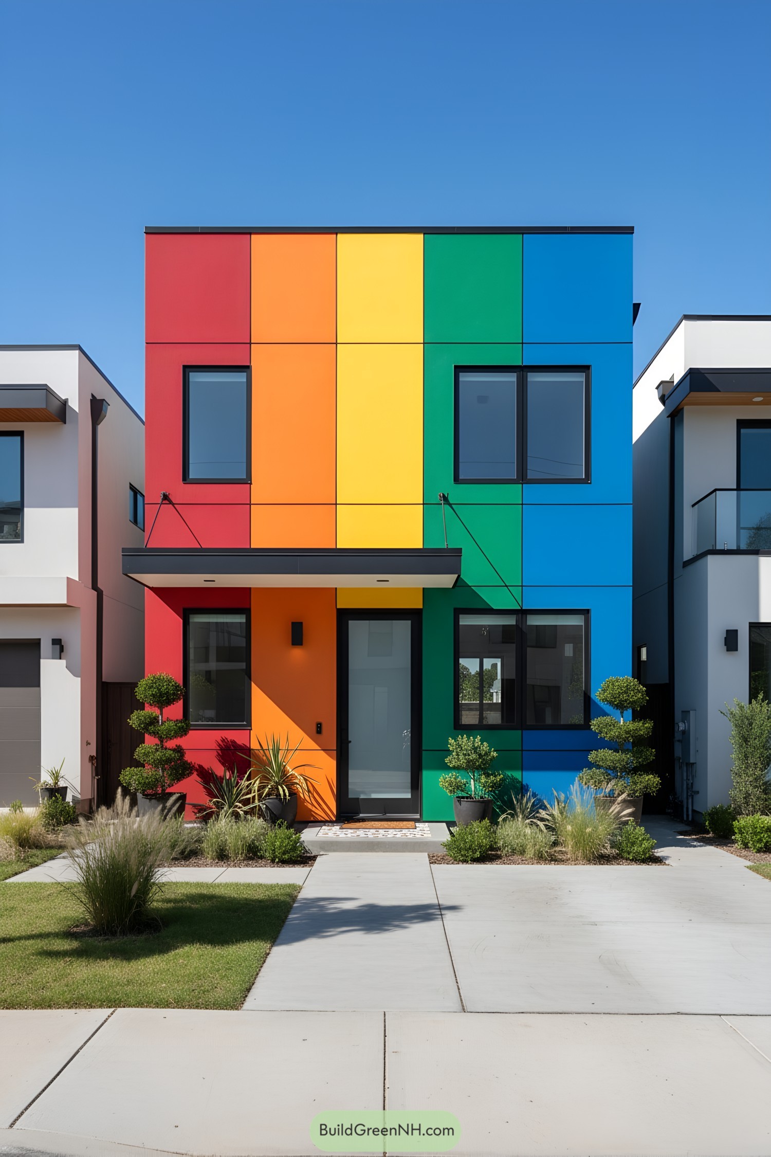 Modern house with vertical rainbow panels, black-framed windows, and a slim canopy