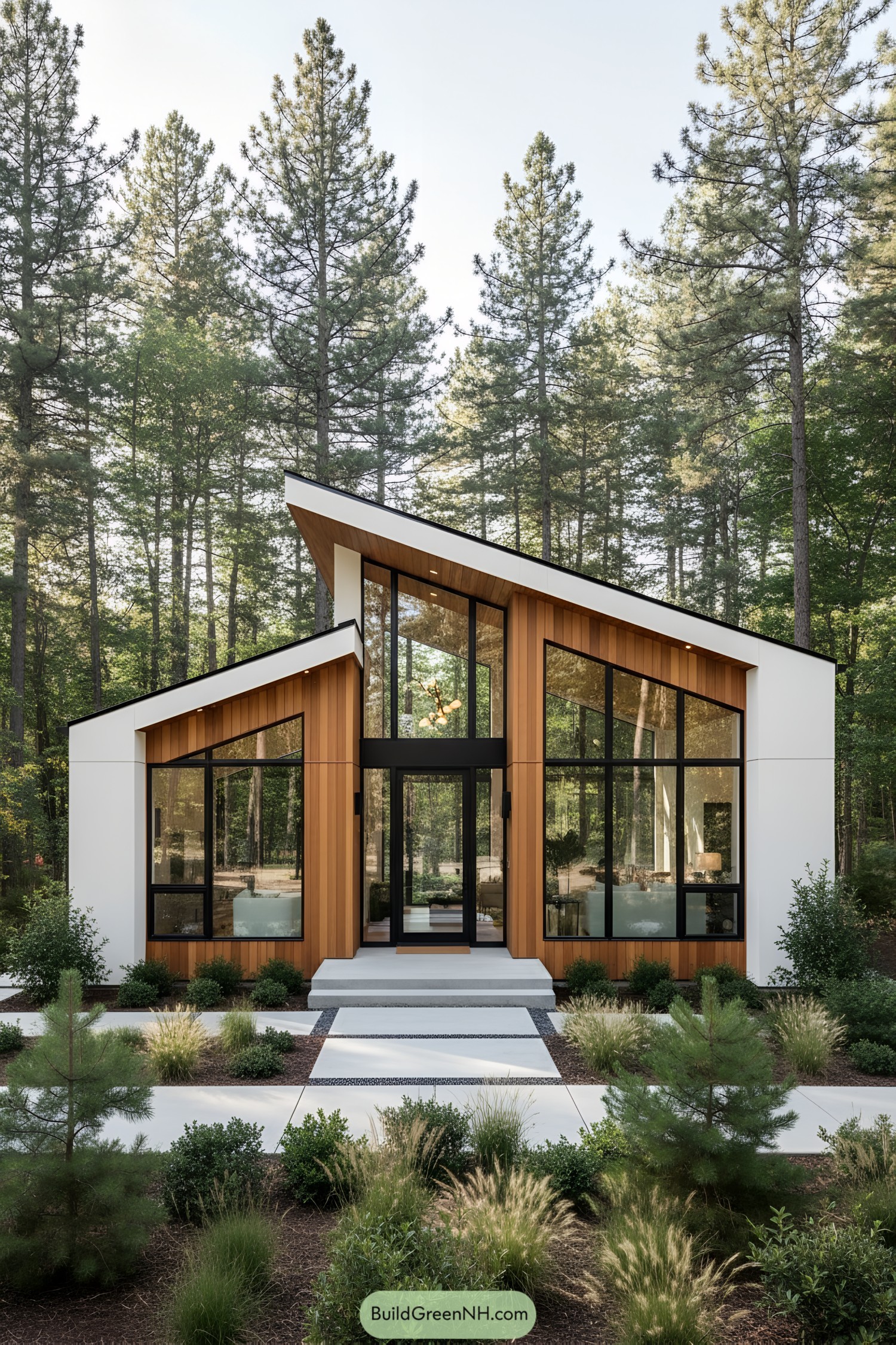 Modern house with large windows surrounded by tall trees