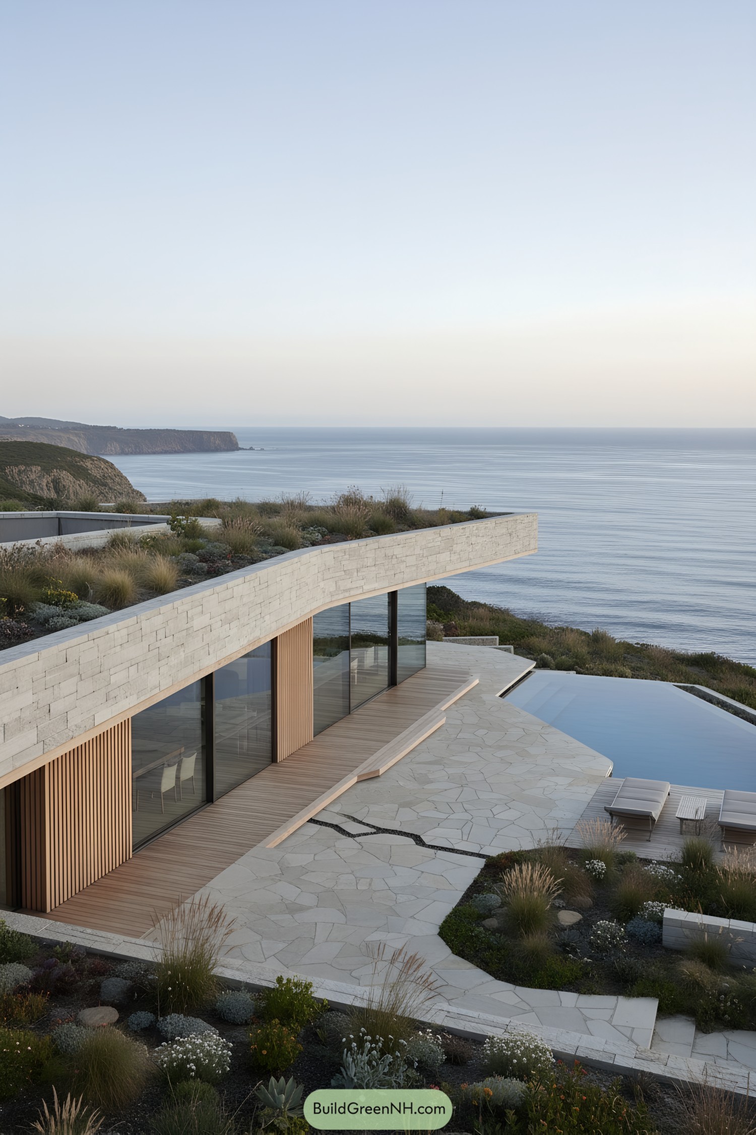 Curved stone-and-glass coastal house with green roof and infinity pool overlooking the ocean