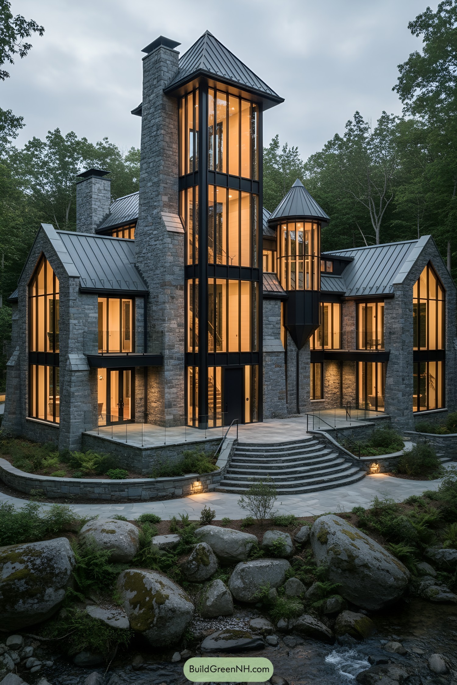 Stone-and-glass castle with glowing towers