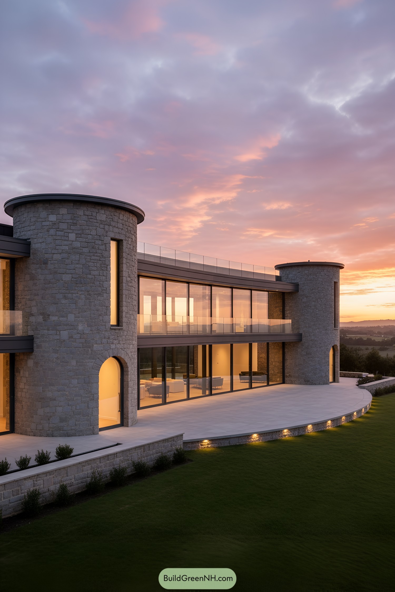 Curved stone-and-glass manor at sunset