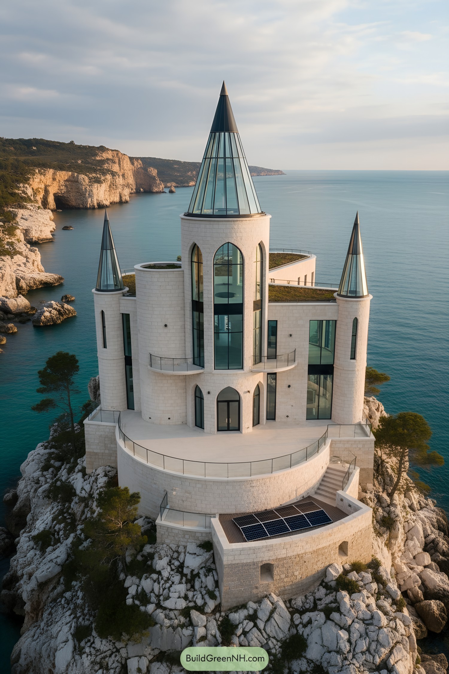 Coastal stone-and-glass castle with spired turrets