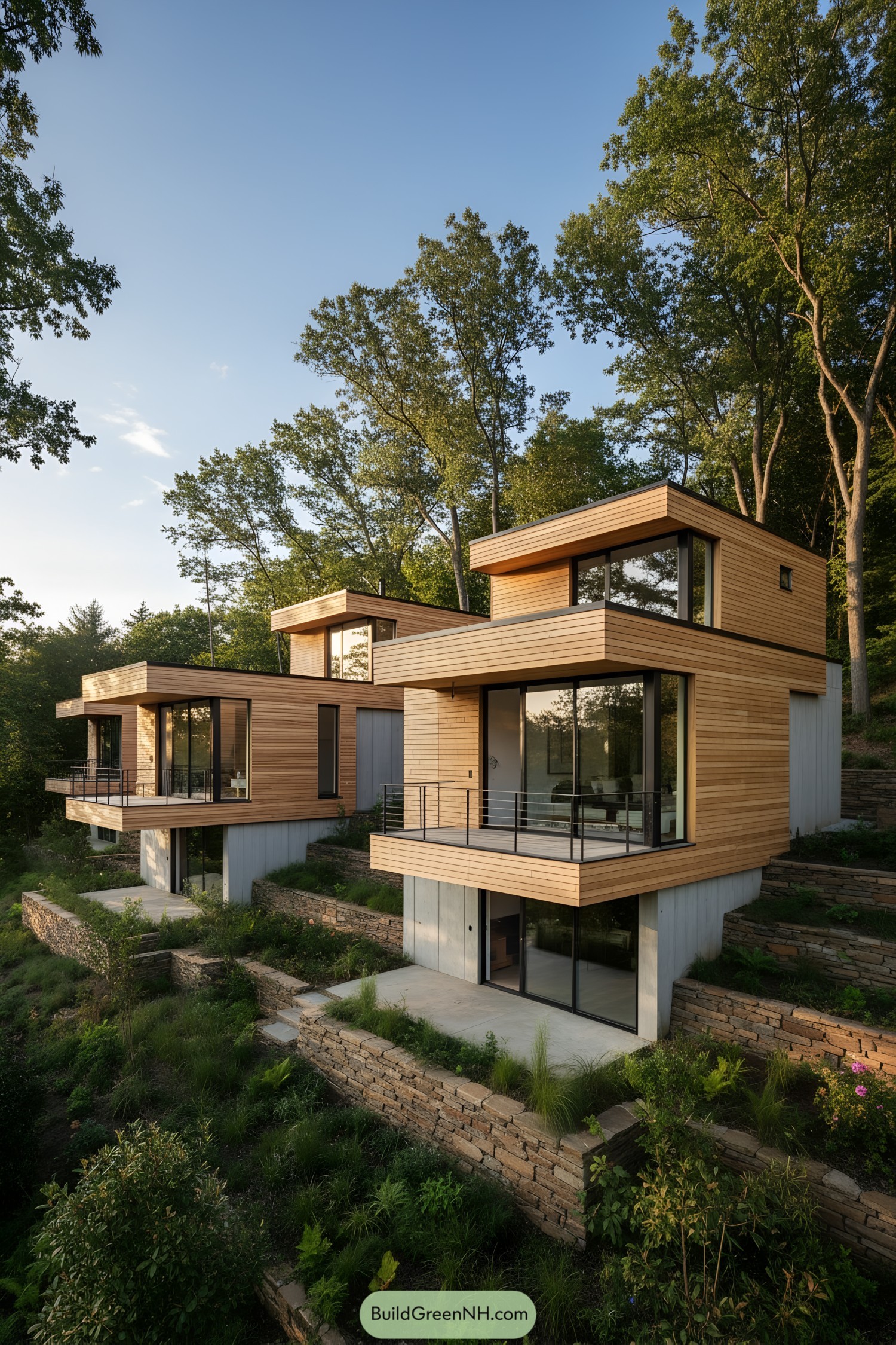 Stepped modern wood-clad cabins cantilevered on a terraced hillside with large glass walls